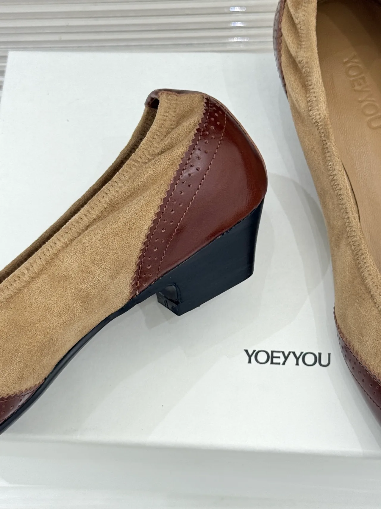 YOEYYOU Lambskin Denim Block-Heel Shoes in Beige · view 6