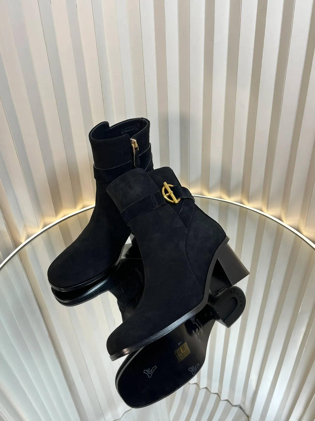 Calfskin D-Buckle Suede-Look Ankle Boots in Black · view 2