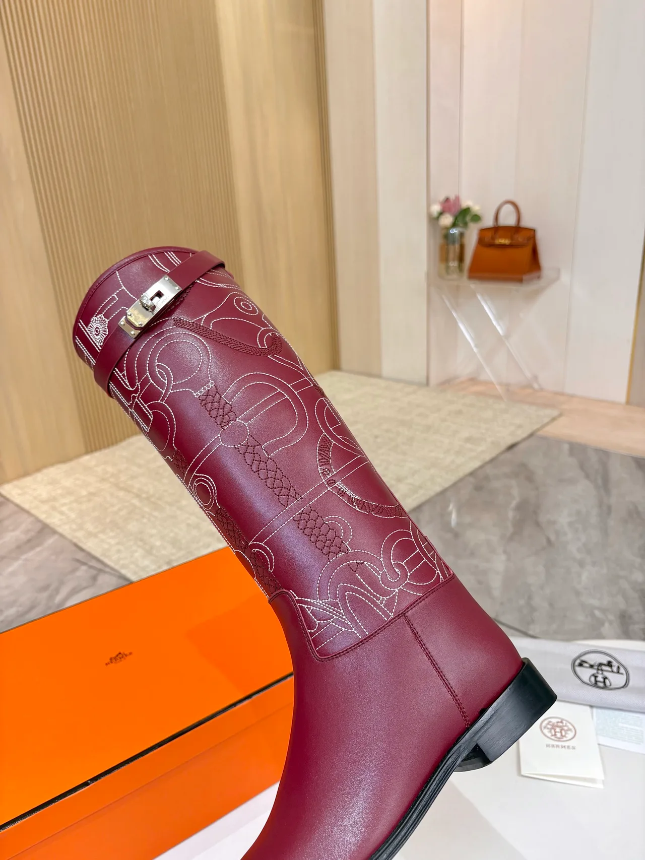 Hermes Cowhide Glossy Pointed-Toe Boots in Burgundy · view 6