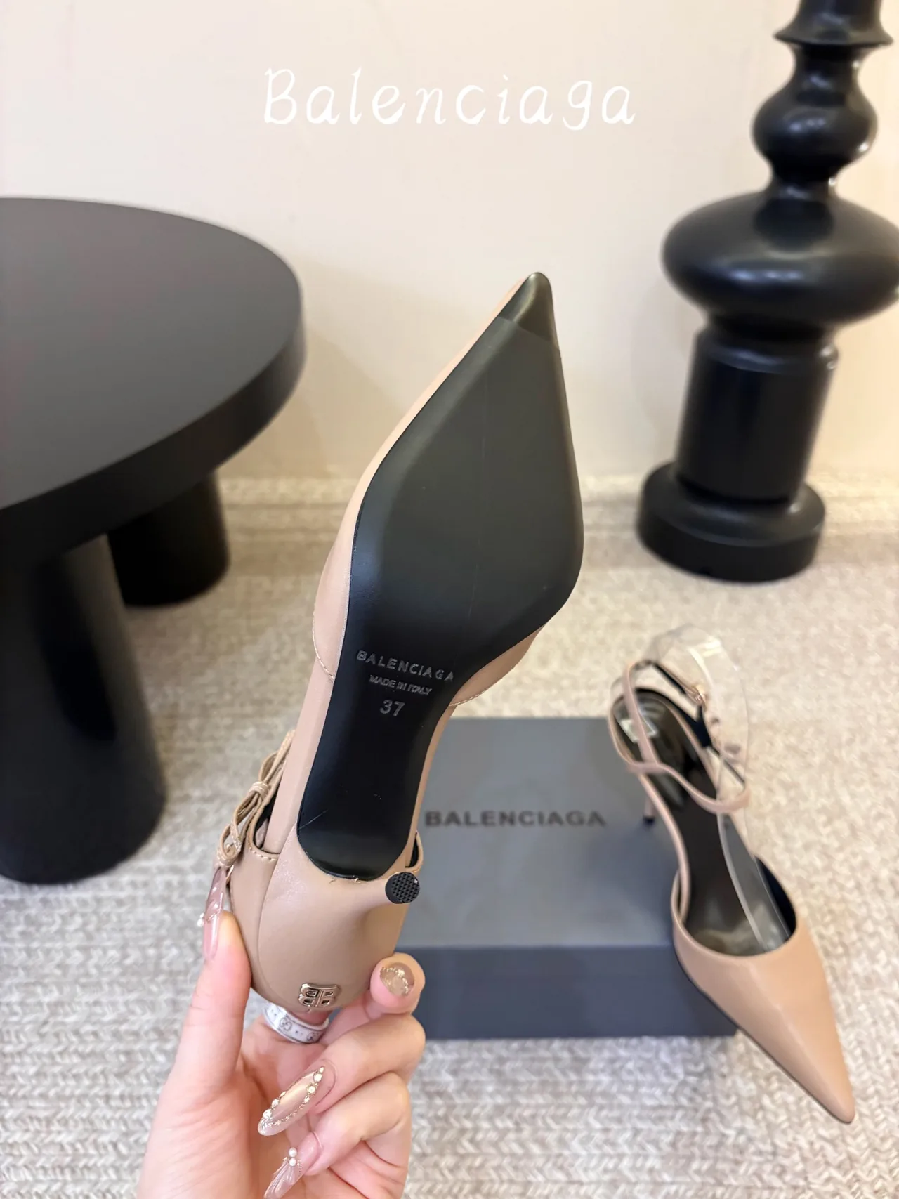 Balenciaga Glossy Pointed-Toe Ankle Strap Pumps in Beige · view 6