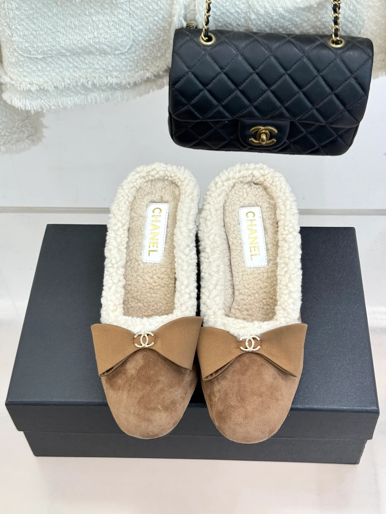 Chanel Suede-Look Bow Mules in Brown · view 4
