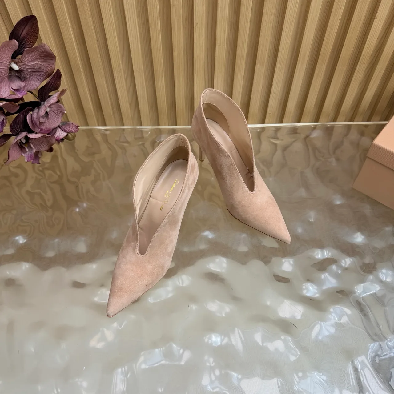 Gianvito Rossi Pointed-Toe Heeled Ankle Boots in Beige · view 6