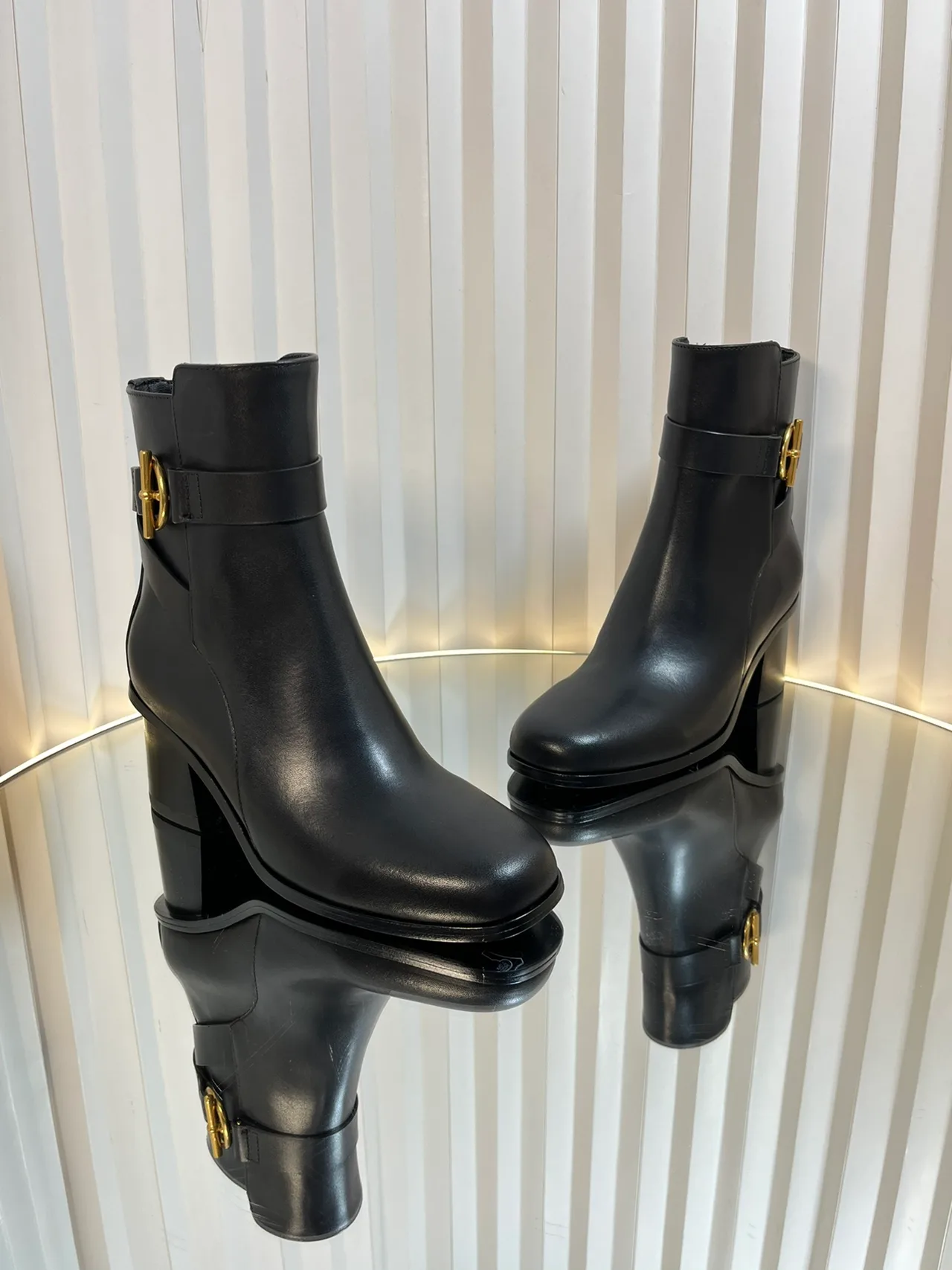 Calfskin Glossy D-Buckle Smooth Ankle Boots in Black · view 7