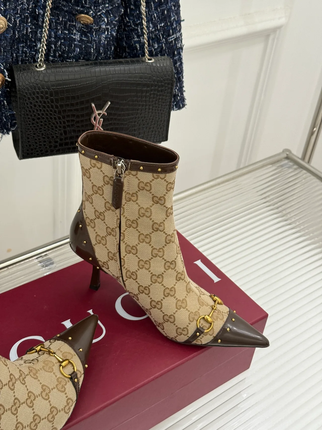Gucci Sheepskin Canvas Ankle Boots in Beige · view 6