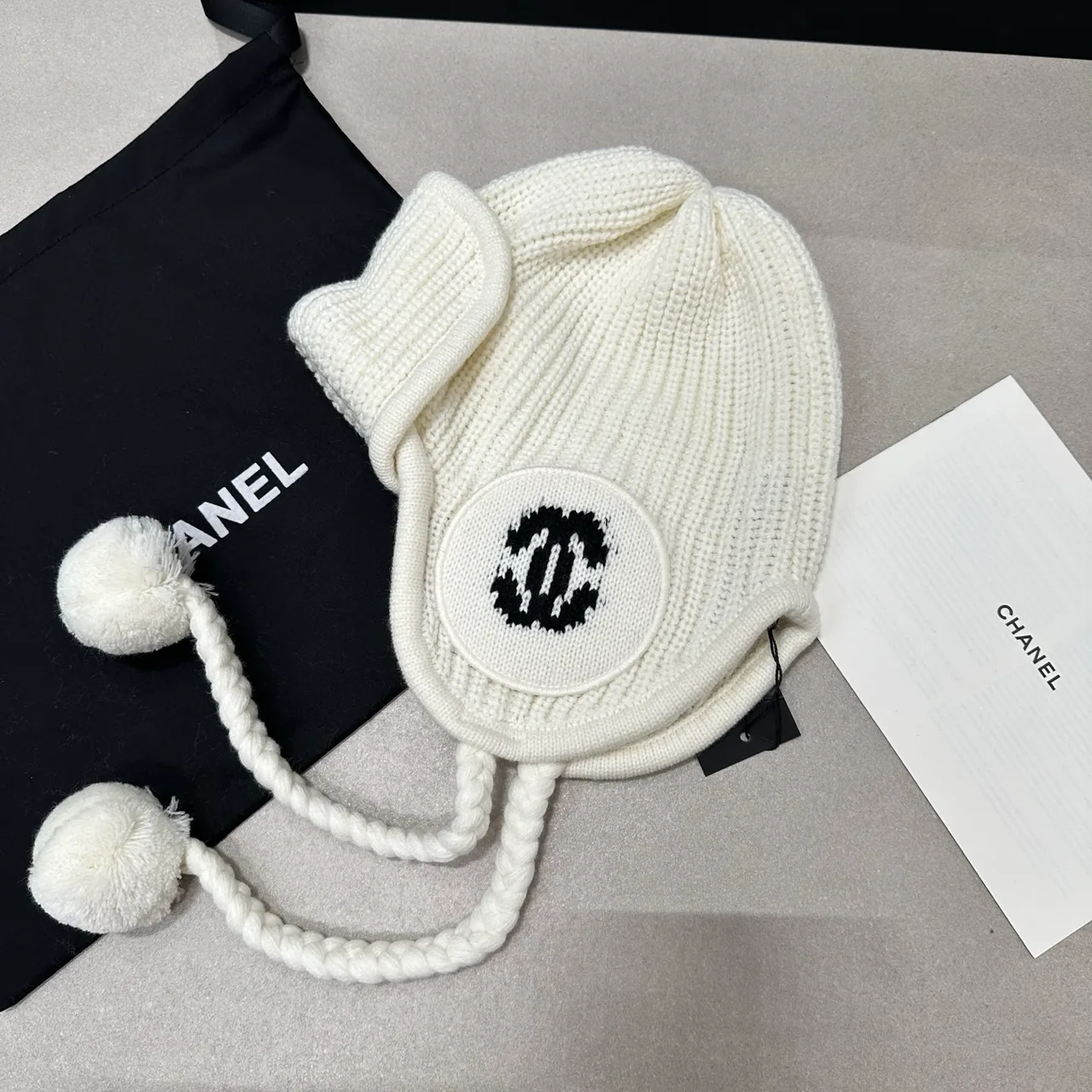 Chanel Earflap Knit Hat in Cream & Black · view 3