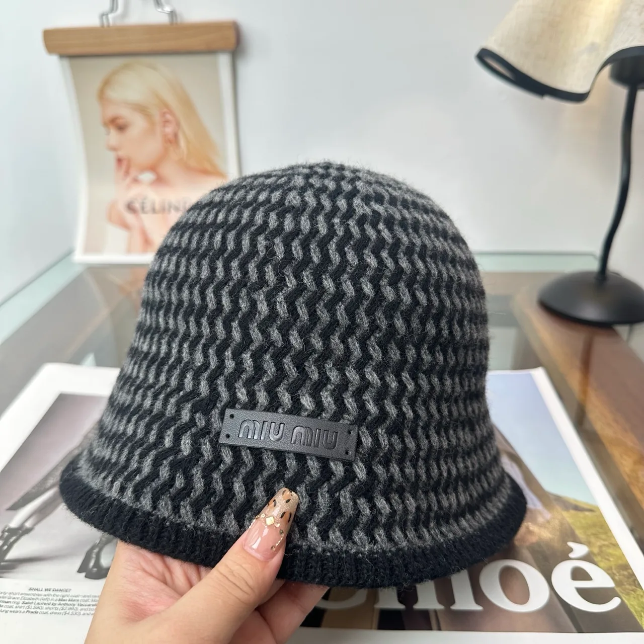 Miu Miu Chevron Knit Bucket Hat in Black · view 3