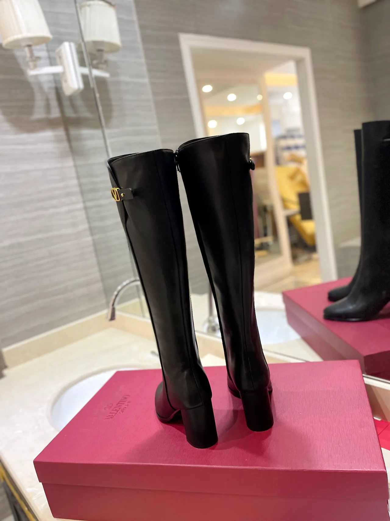Valentino Leather Glossy Pointed-Toe Buckle Knee-High Boots in Black · view 4
