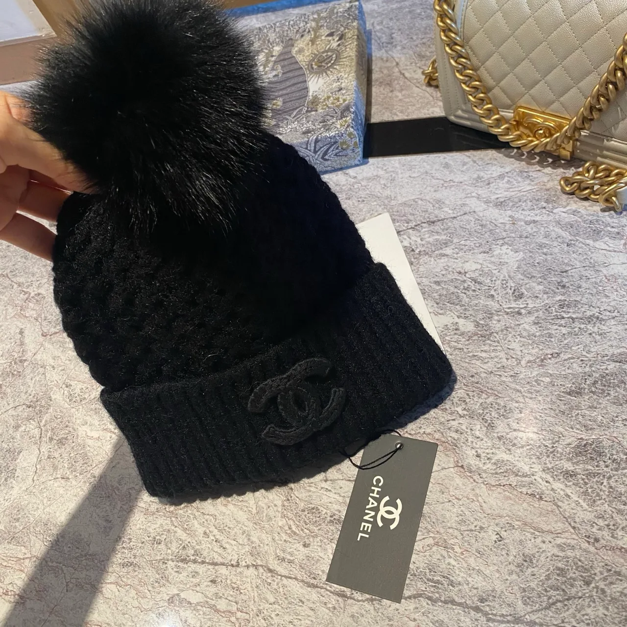 Chanel Pom Beanie in Black & White & Beige & Grey · view 5