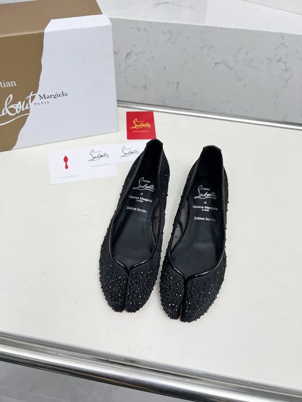 Christian Louboutin Sheepskin Glossy Pointed-Toe Split Toe Flats in Black · view 1