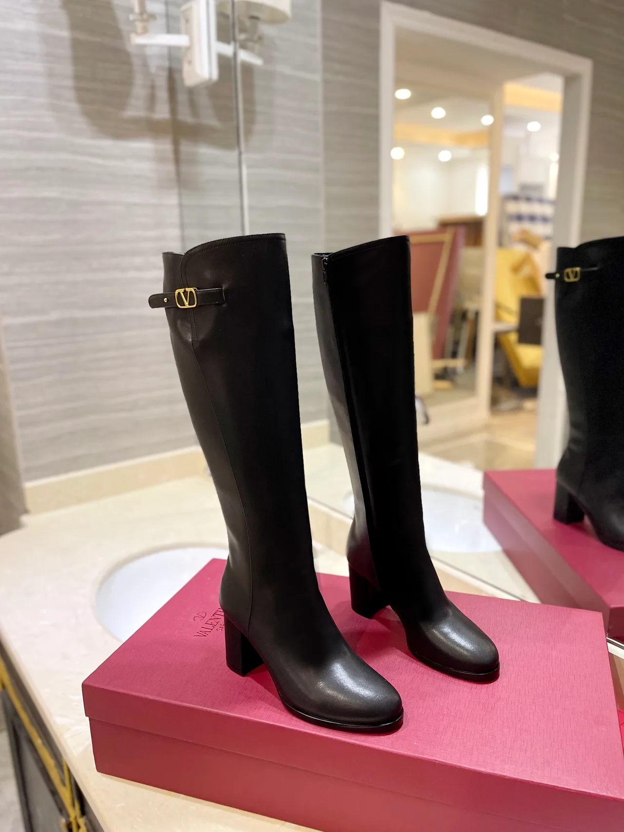 Valentino Leather Glossy Pointed-Toe Buckle Knee-High Boots in Black · view 1