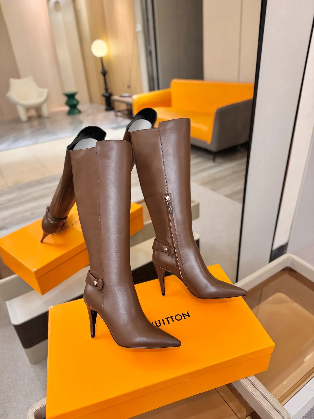 Louis Vuitton Calfskin Knee-High Stiletto Boots in Brown · view 4