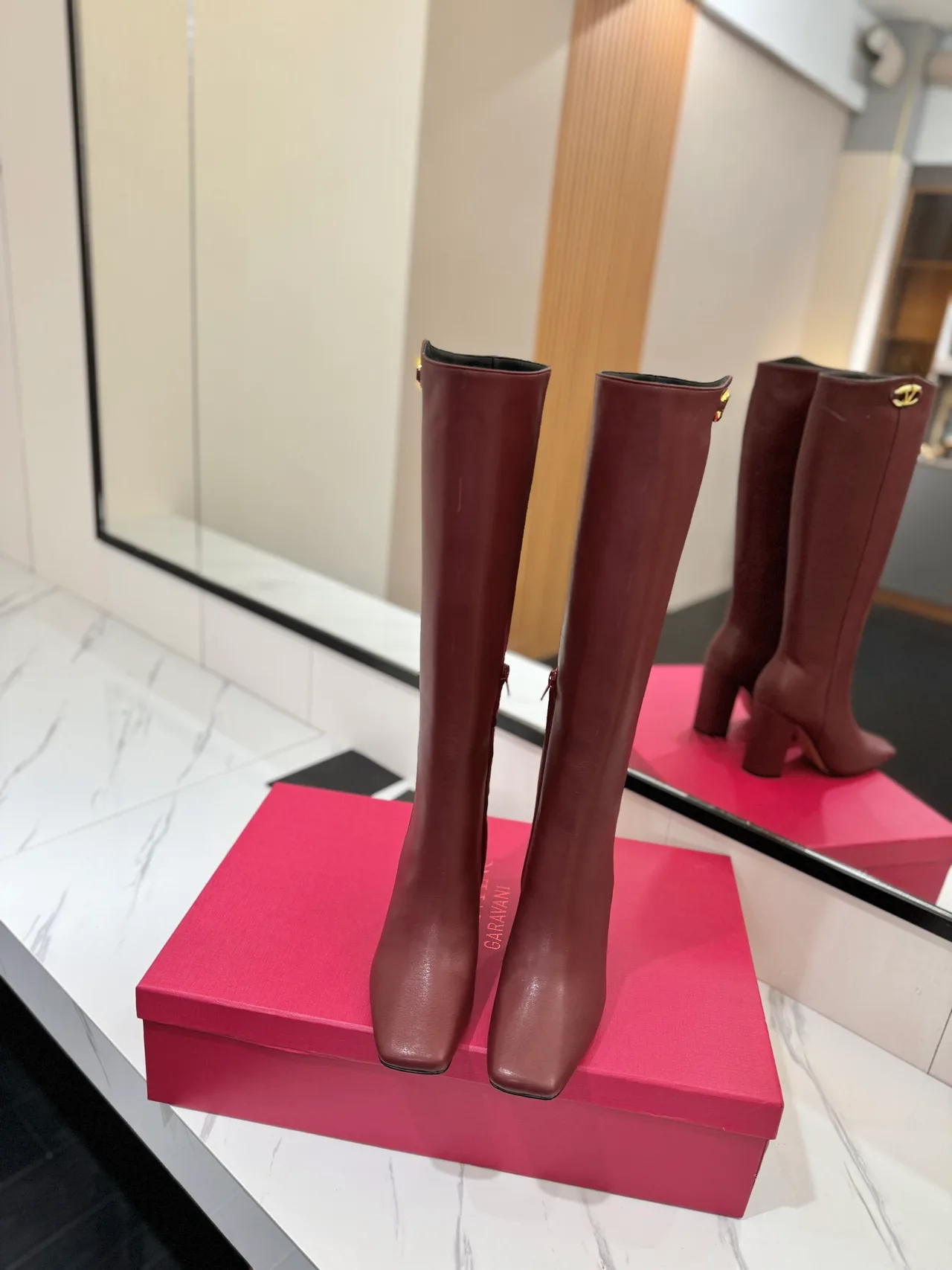 Valentino Cowhide Glossy Square-Toe Knee-High Boots in Burgundy · view 3