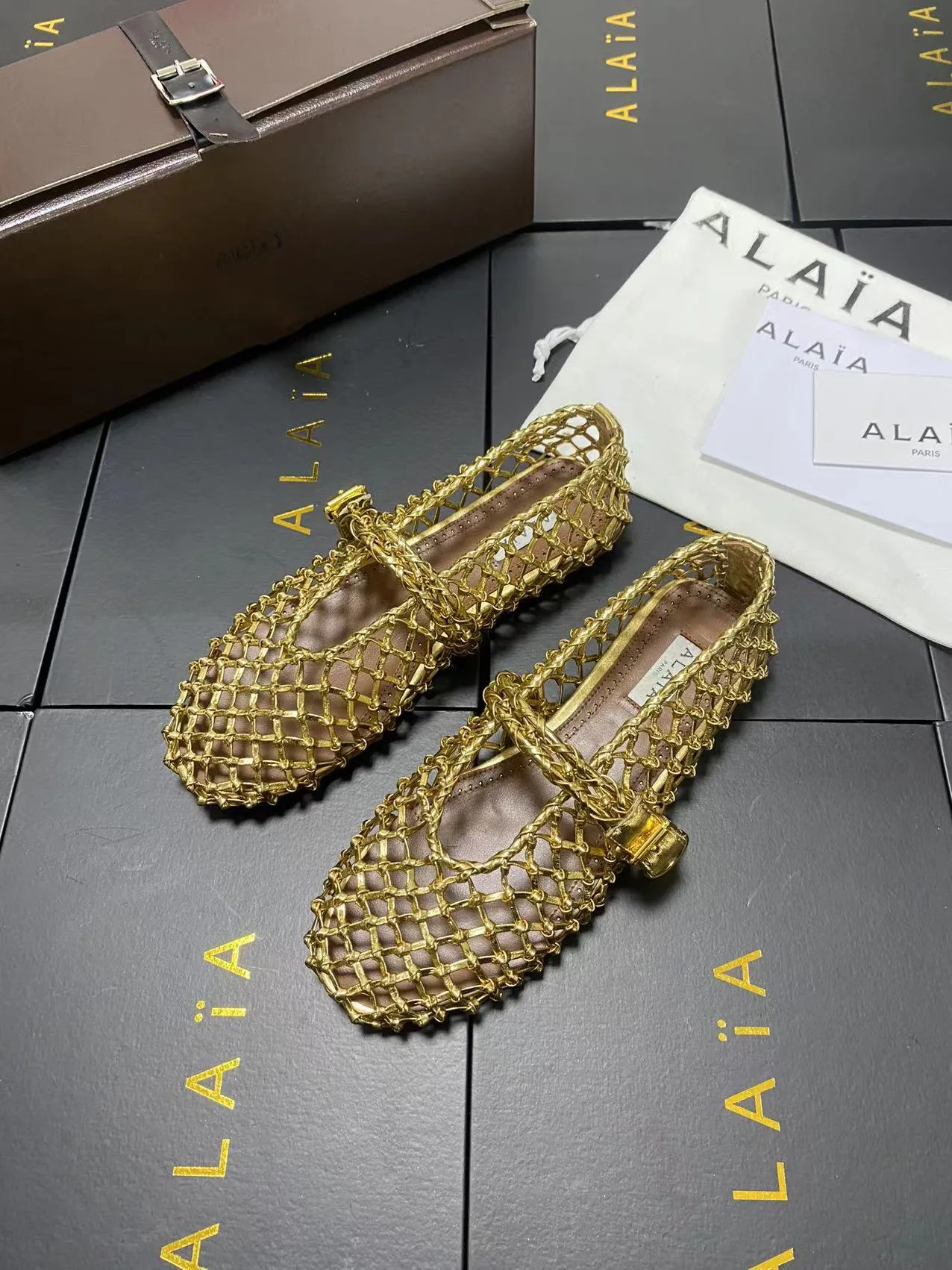 Alaia Cowhide Sheepskin Square-Toe Mary Jane Flats in Gold · view 3