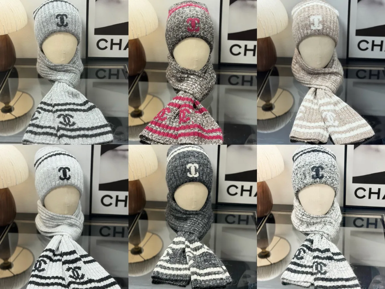 Chanel Wool Striped Beanie and Scarf Set in Grey · view 6