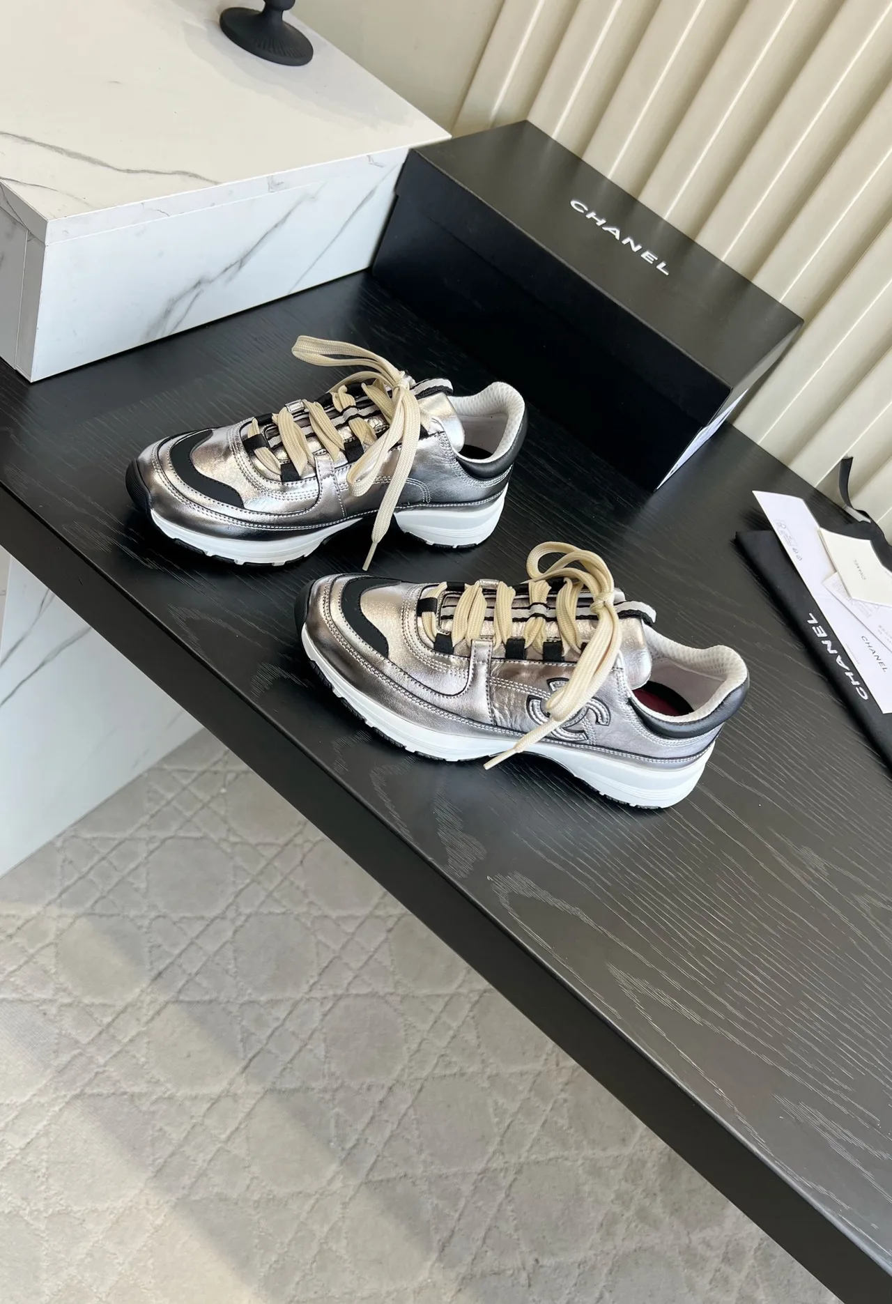 Chanel Striped Sneakers in Silver · view 2