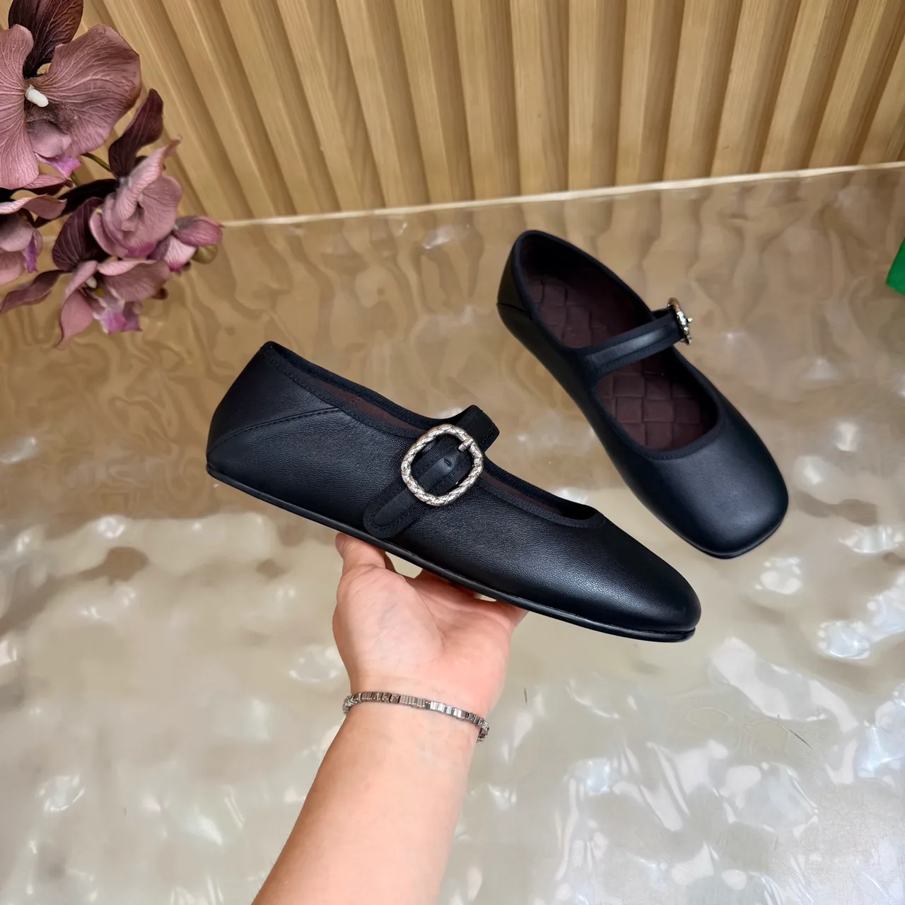 Bottega Veneta Sheepskin Quilted Buckle Mary Jane Flats in Black · view 8