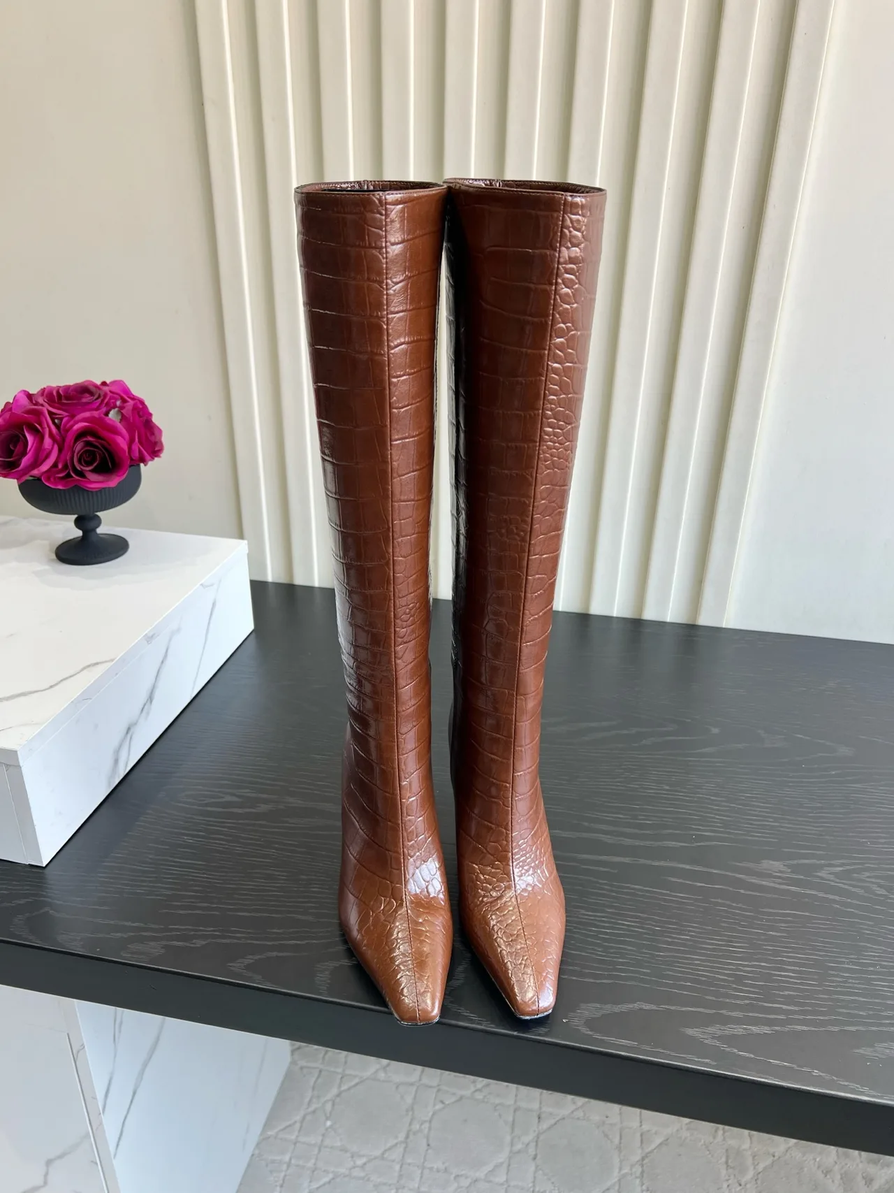 Amina Muaddi Cowhide Glossy Pointed-Toe Knee-High Boots in Brown · view 1