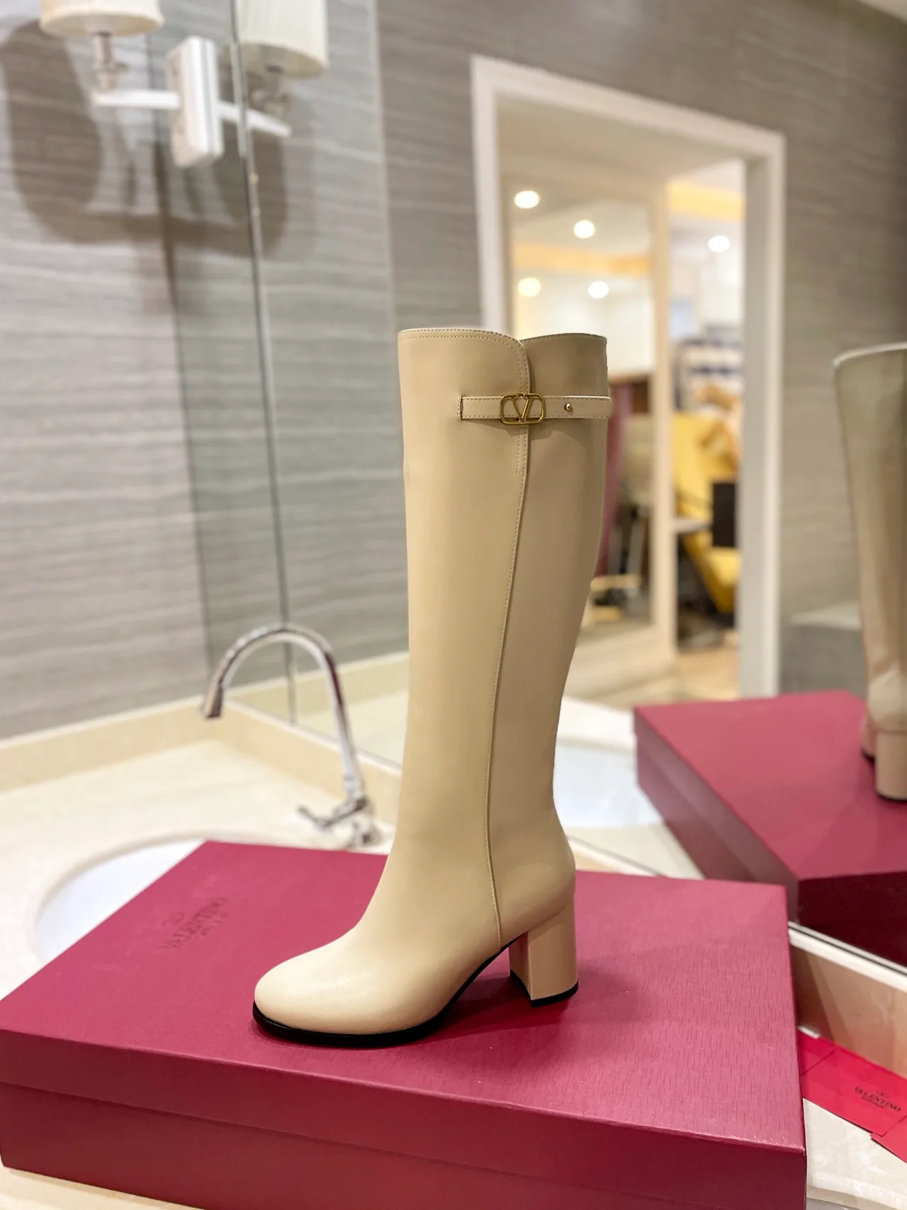 Valentino Leather Glossy Round-Toe Buckle Knee-High Boots in White · view 4