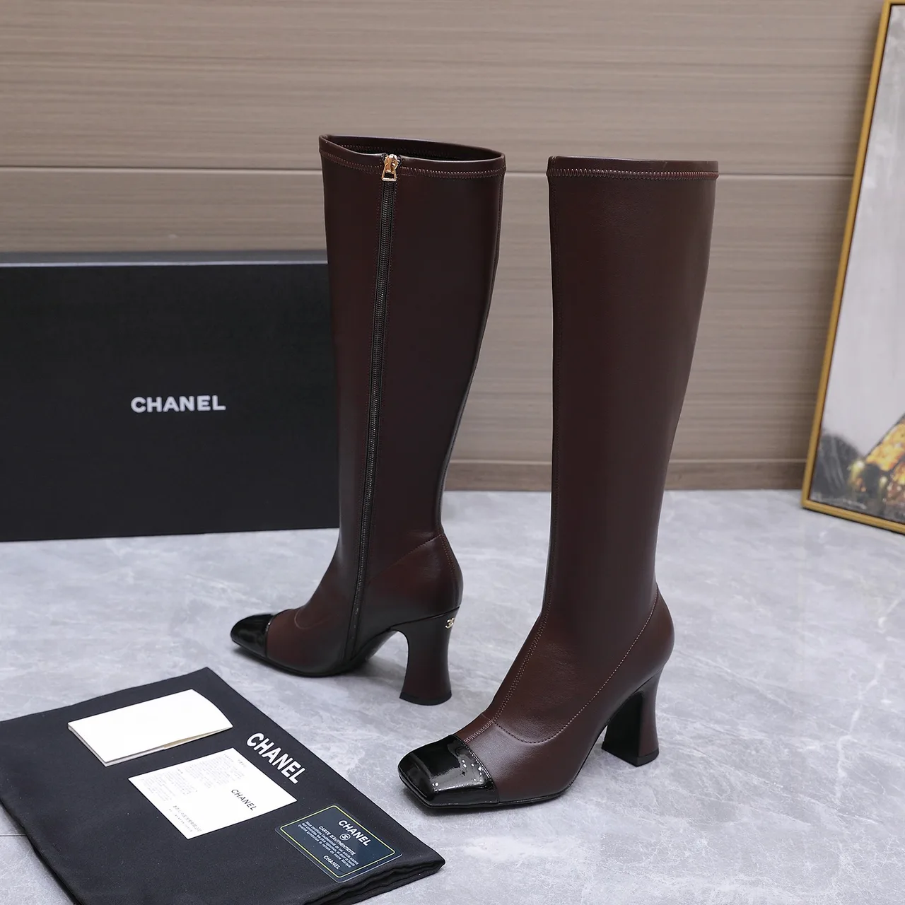 Chanel Cowhide Glossy Square-Toe Knee-High Boots in Brown · view 1
