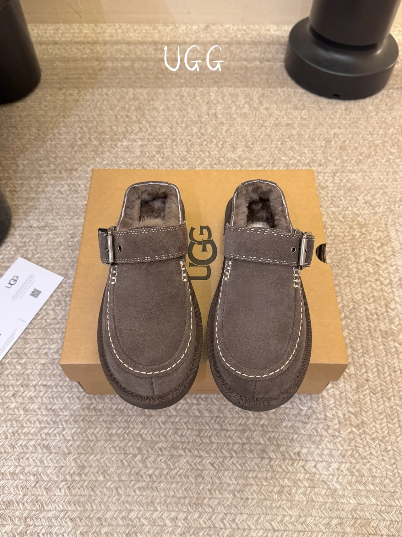 UGG Wool Suede-Look Buckle Lined Loafer Mules in Brown · view 1