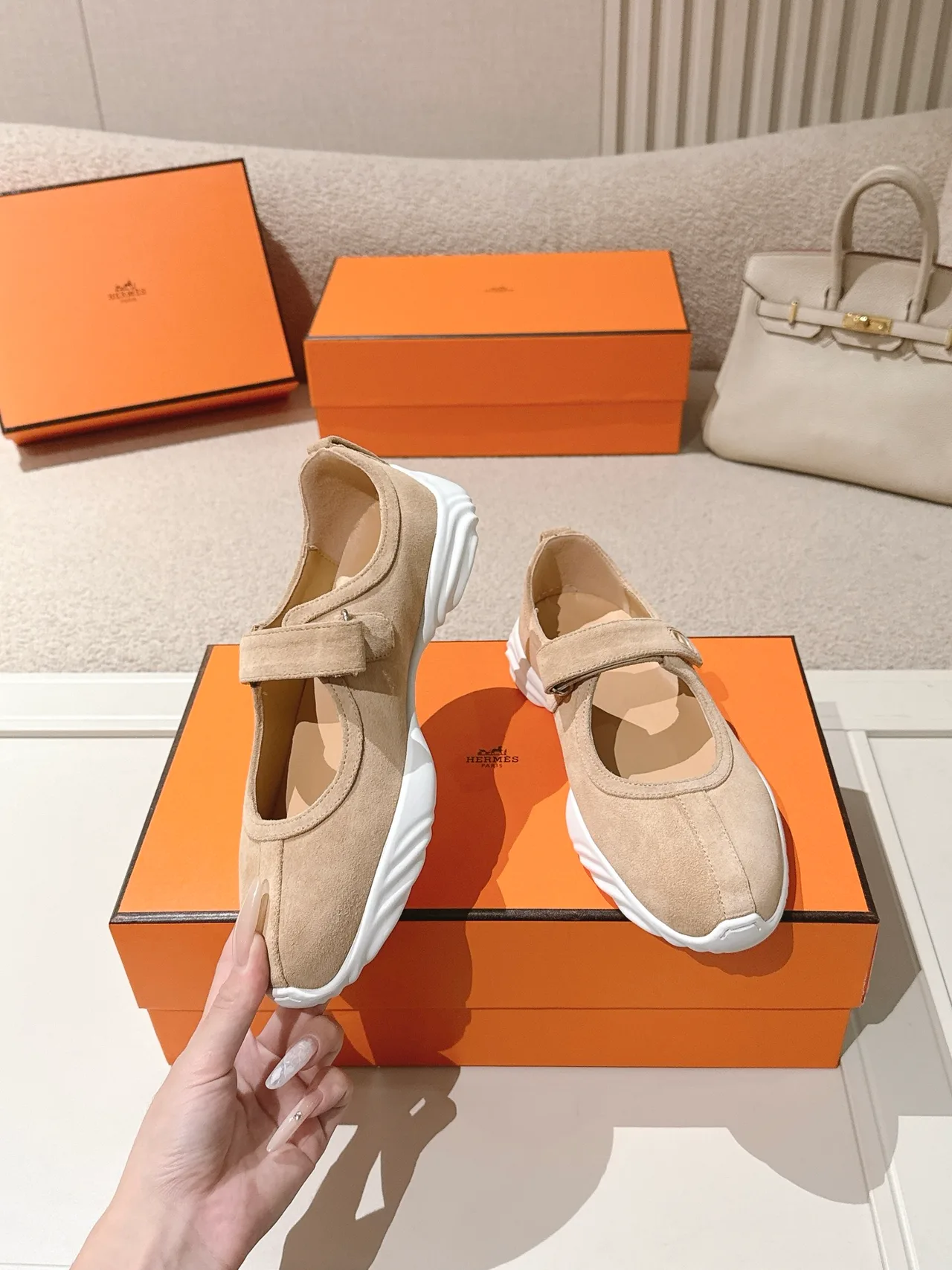 Hermes Lambskin Smooth Mary Jane Shoes in Beige · view 4