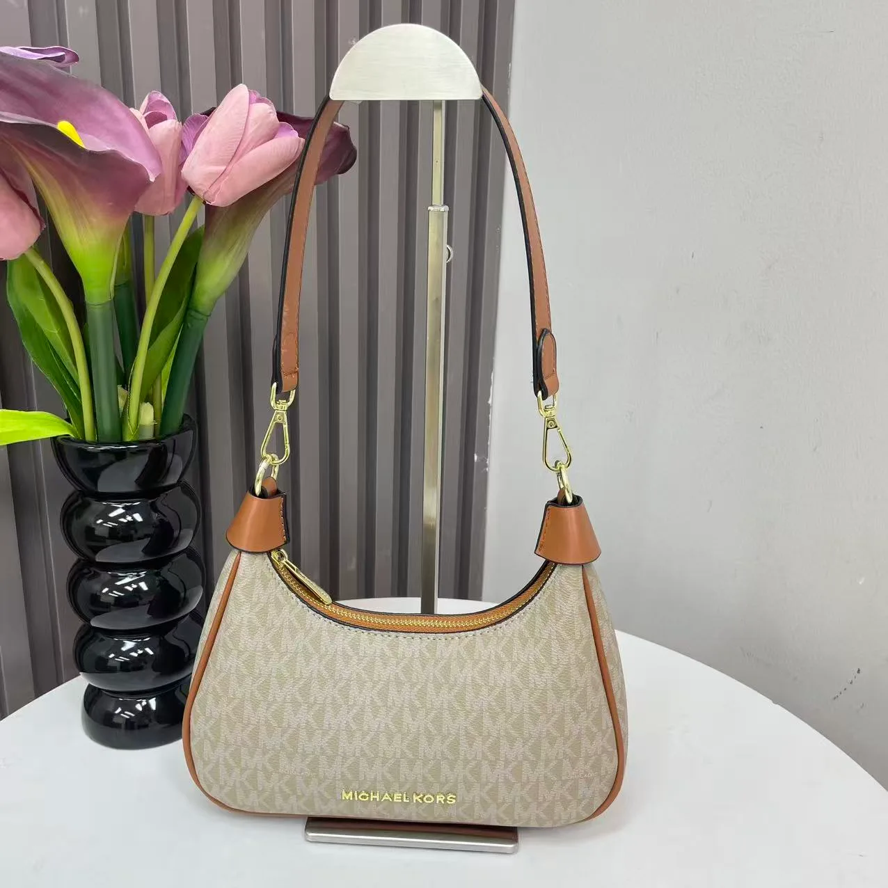 Michael Kors MK Crescent Shoulder Bag in Grey & Brown & White & Beige · view 4