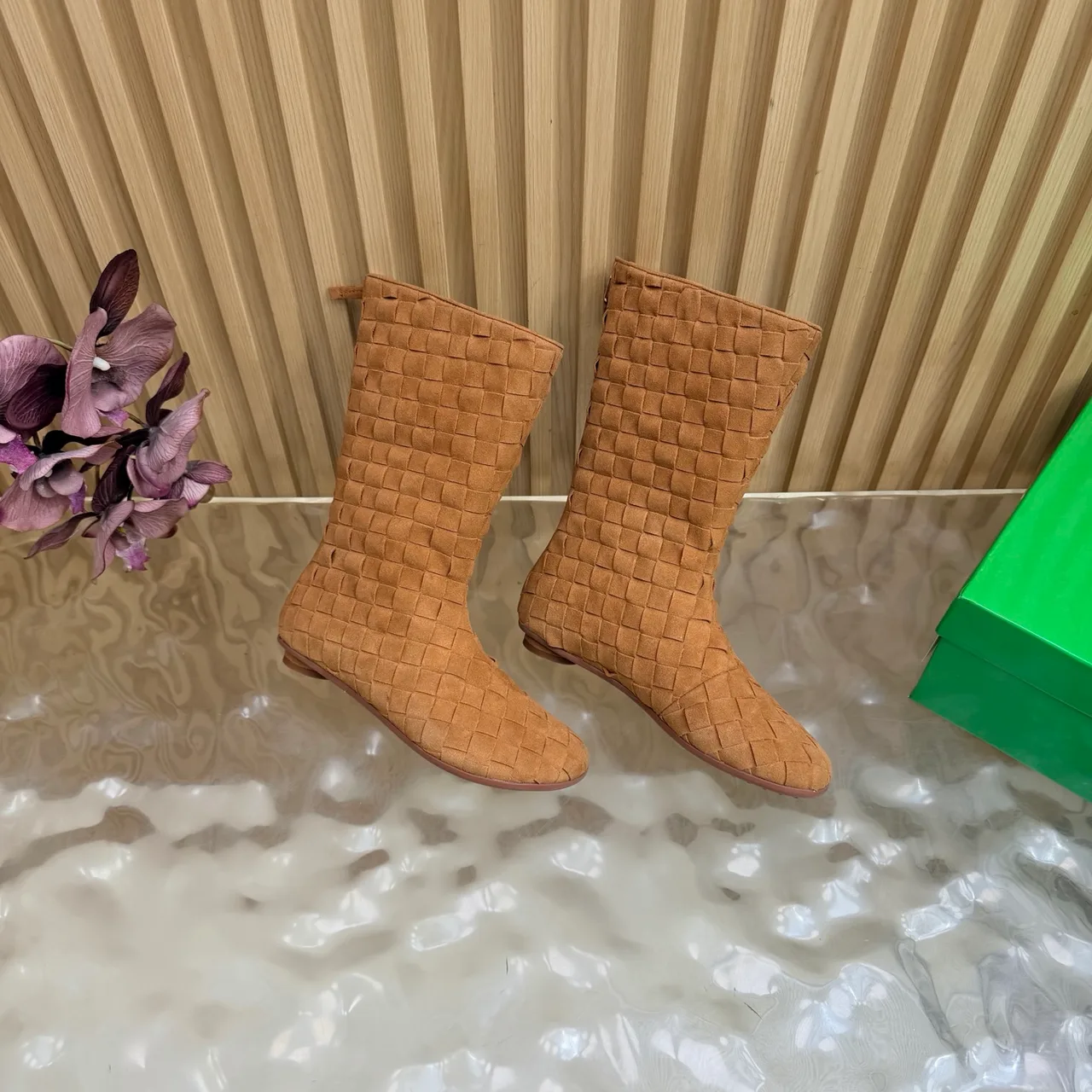 Bottega Veneta Quilted Woven Round-Toe Ankle Boots in Tan · view 7