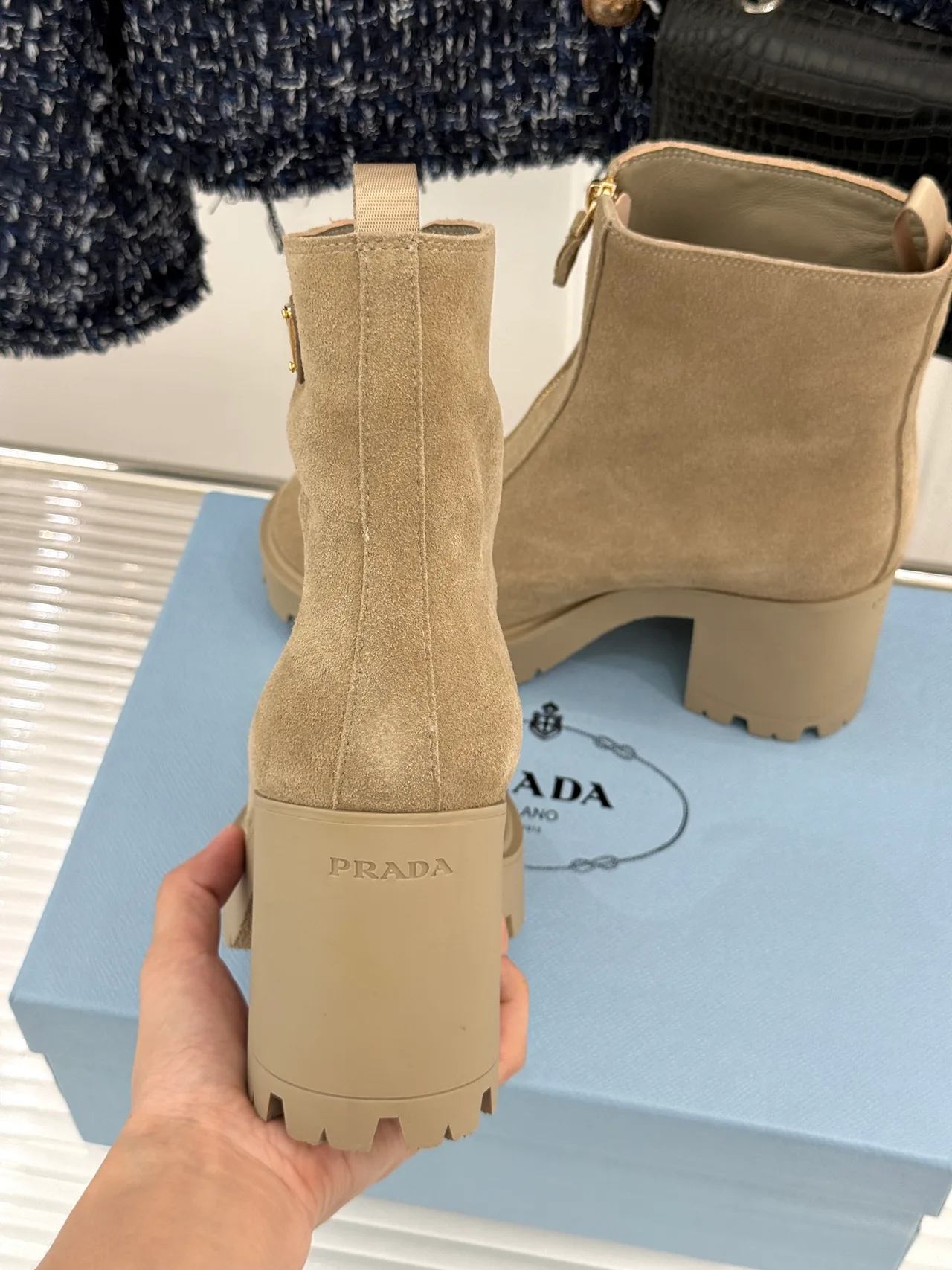 Prada Denim Suede-Look Ankle Boots in Beige · view 8