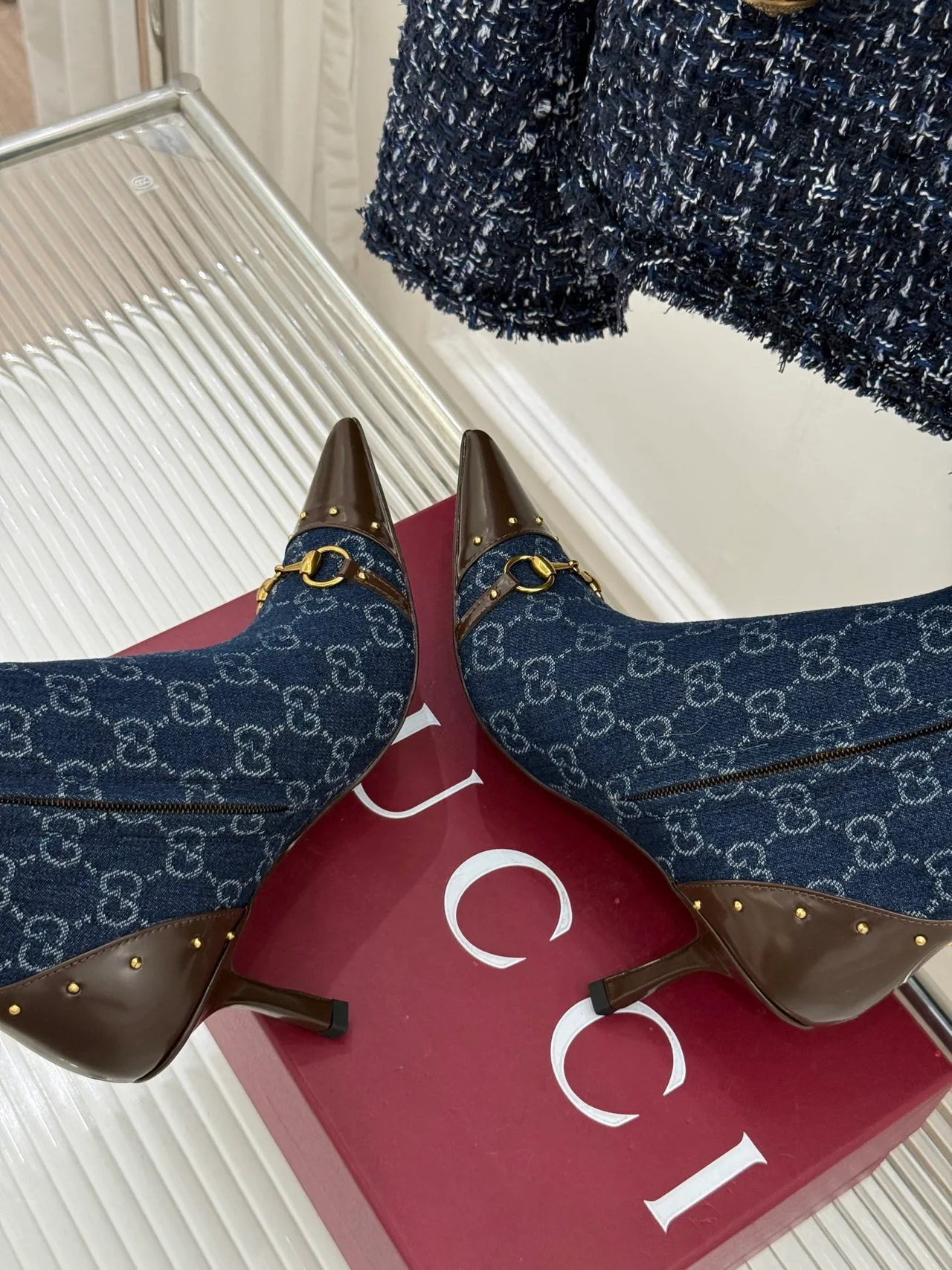 Gucci Sheepskin Canvas Ankle Boots in Blue · view 5