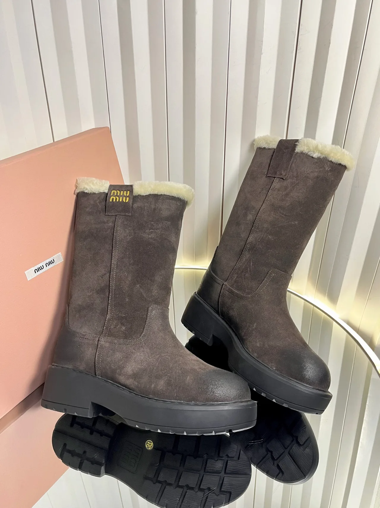 Miu Miu Calfskin Glossy Suede-Look Round-Toe Boots in Brown · view 4