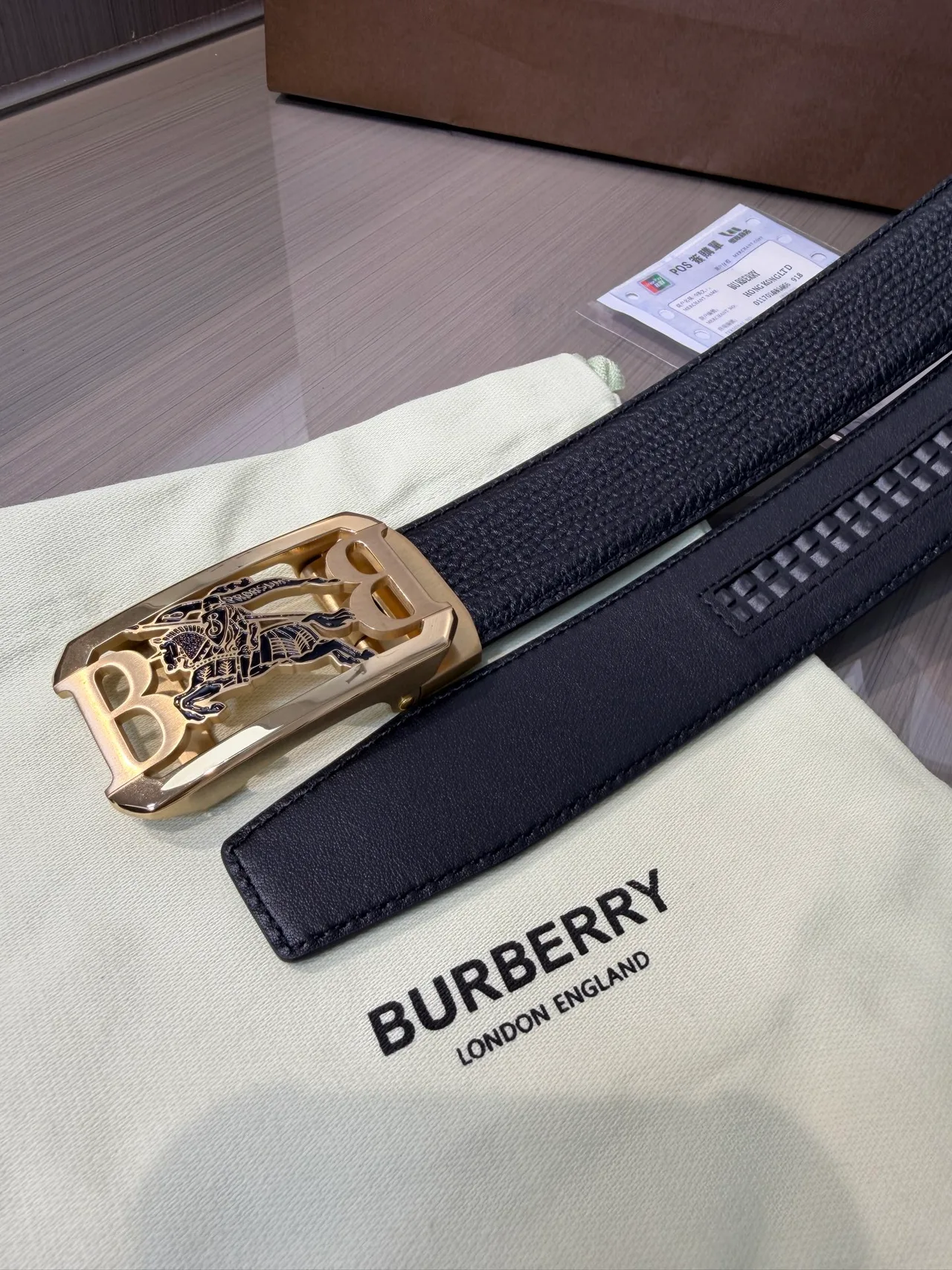 Burberry Calfskin Glossy Belt in Black · view 6