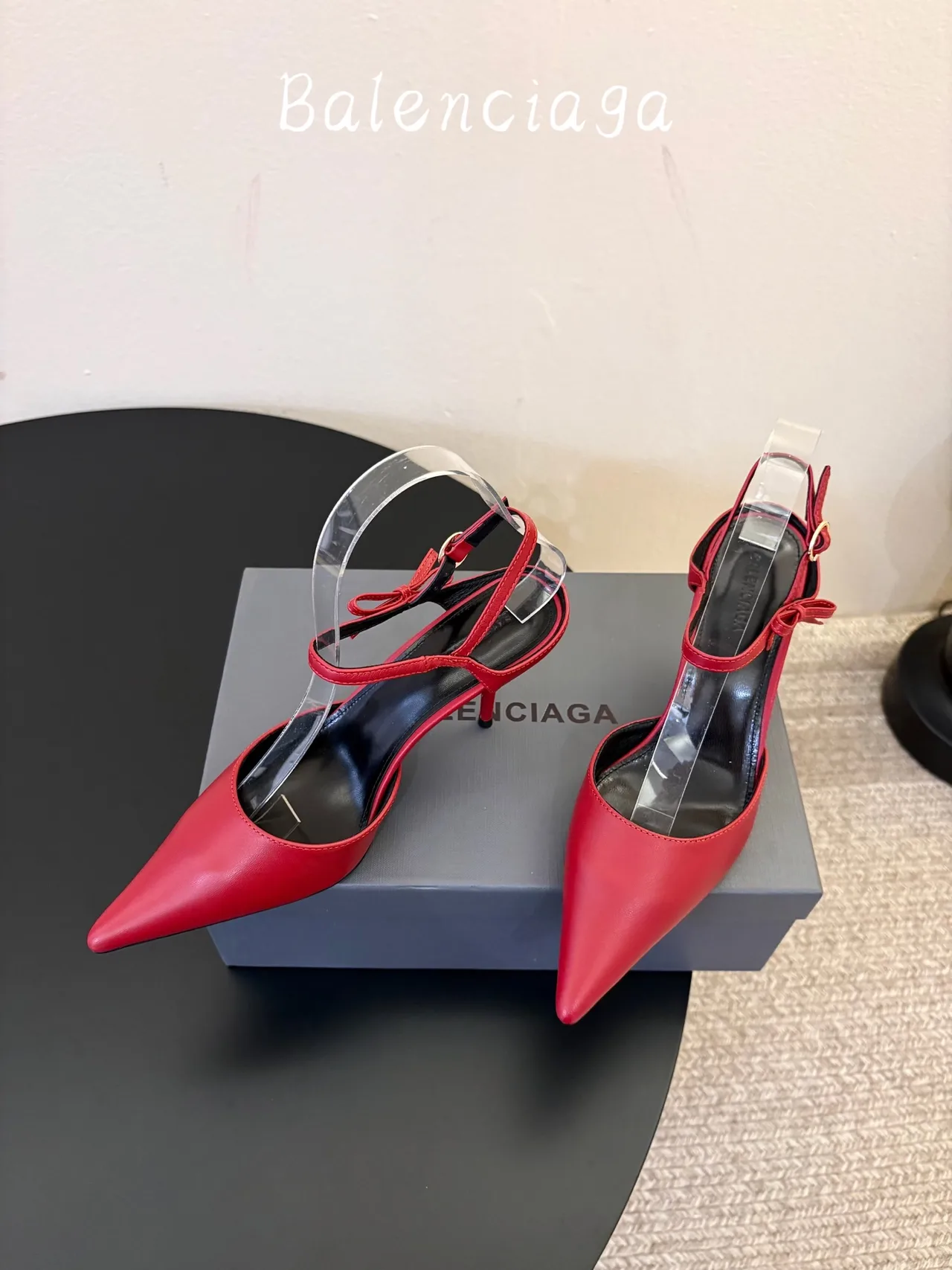 Balenciaga Glossy Pointed-Toe Ankle Strap Pumps in Red · view 5