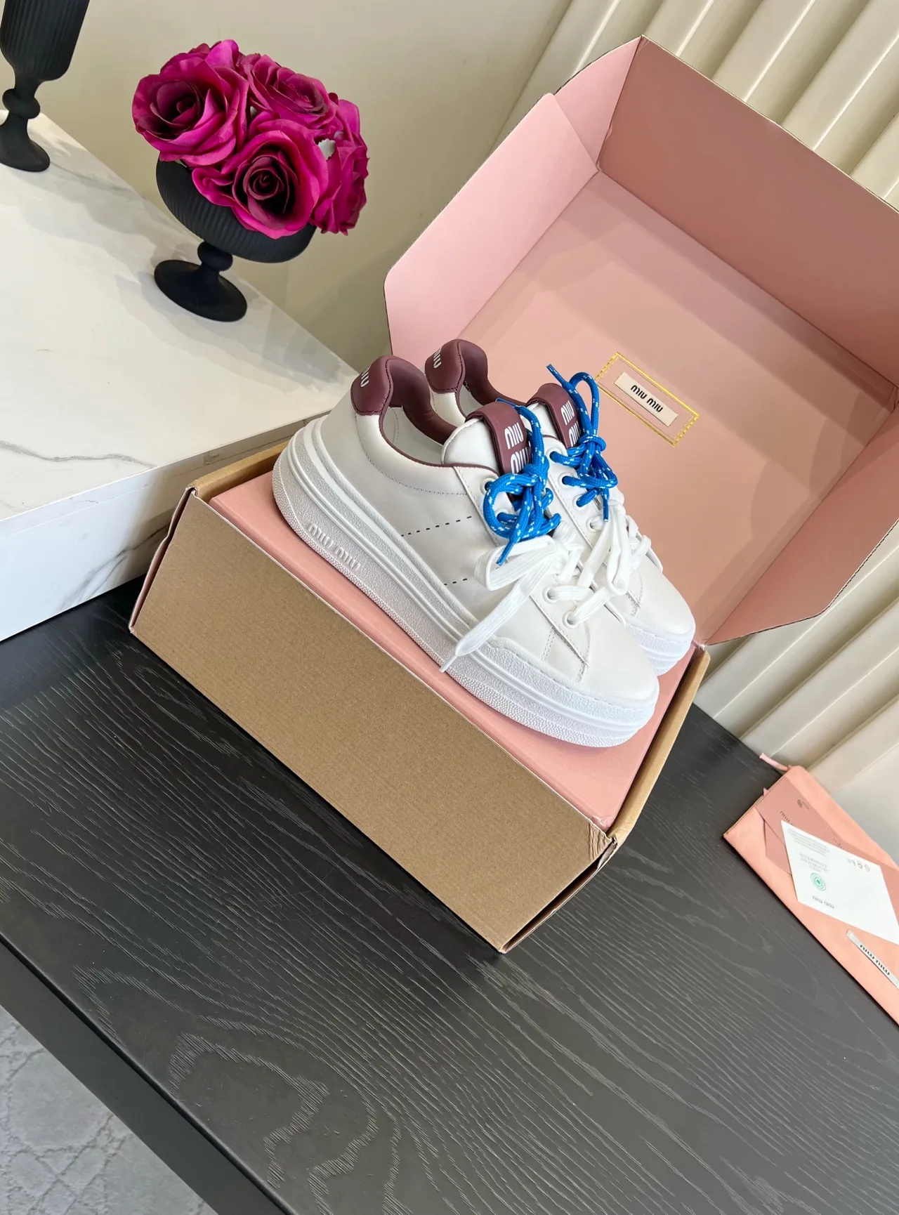 Miu Miu Cowhide Denim Smooth Sneakers in White · view 3