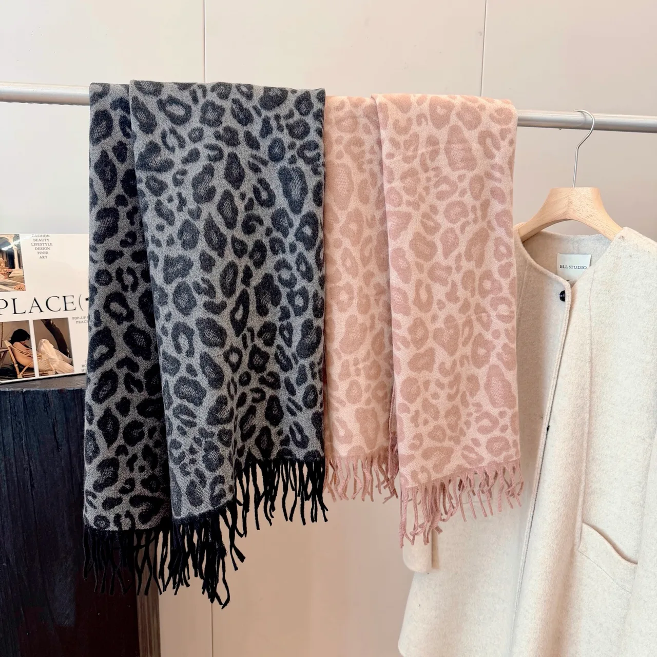 Leopard-Pattern Fringed Scarf in Brown & Pink & Red & Grey · view 4