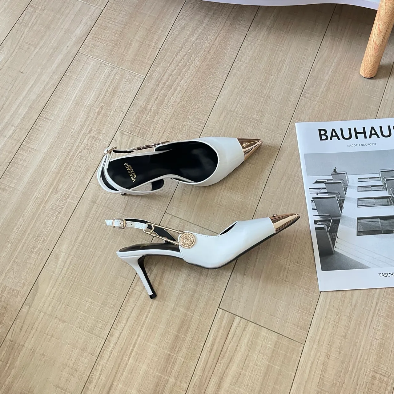 Versace Sheepskin Glossy Pointed-Toe Sandals in White · view 6