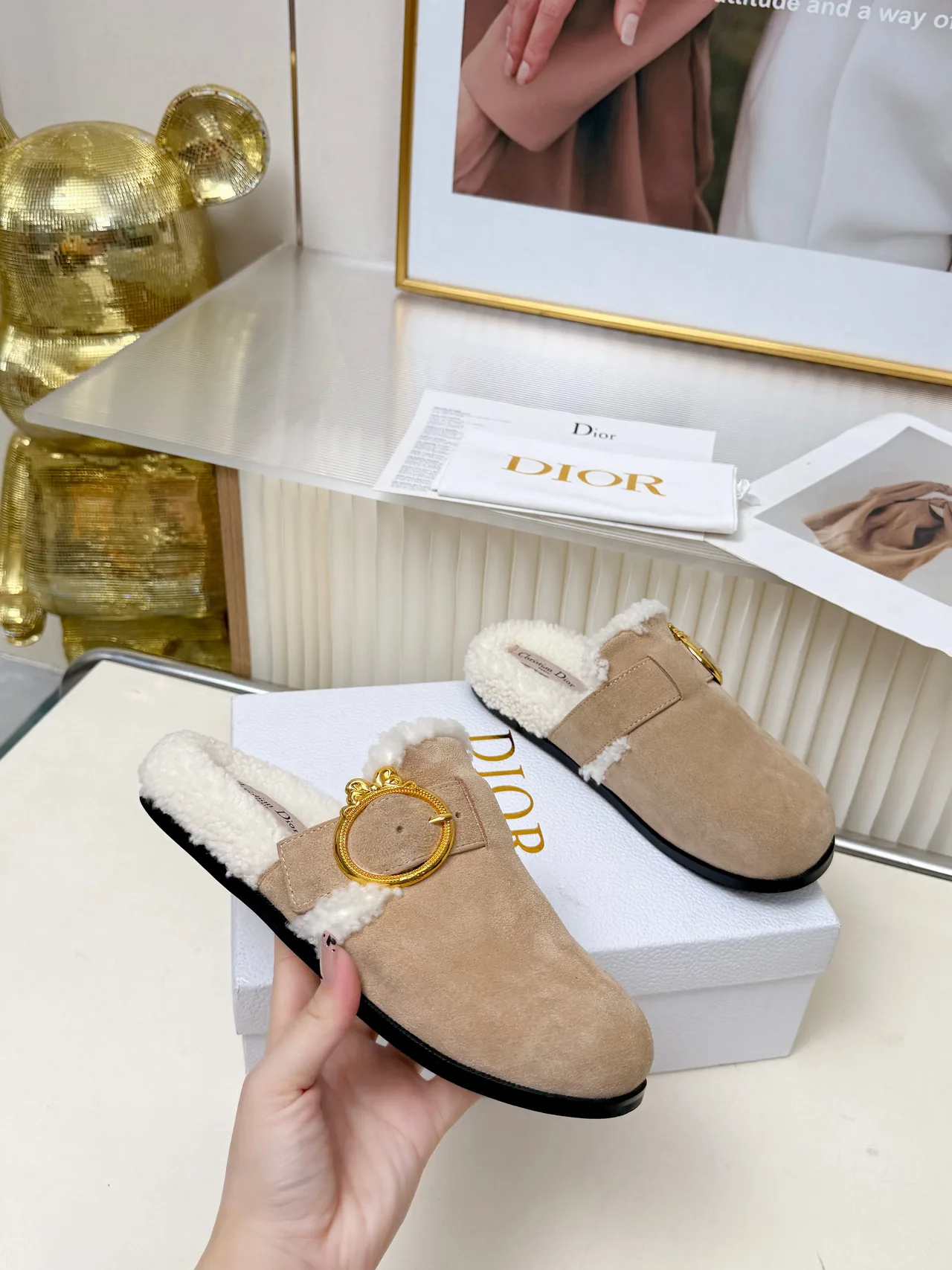 Dior Buckle-trim lined mules in Beige & Black & Tan · view 7
