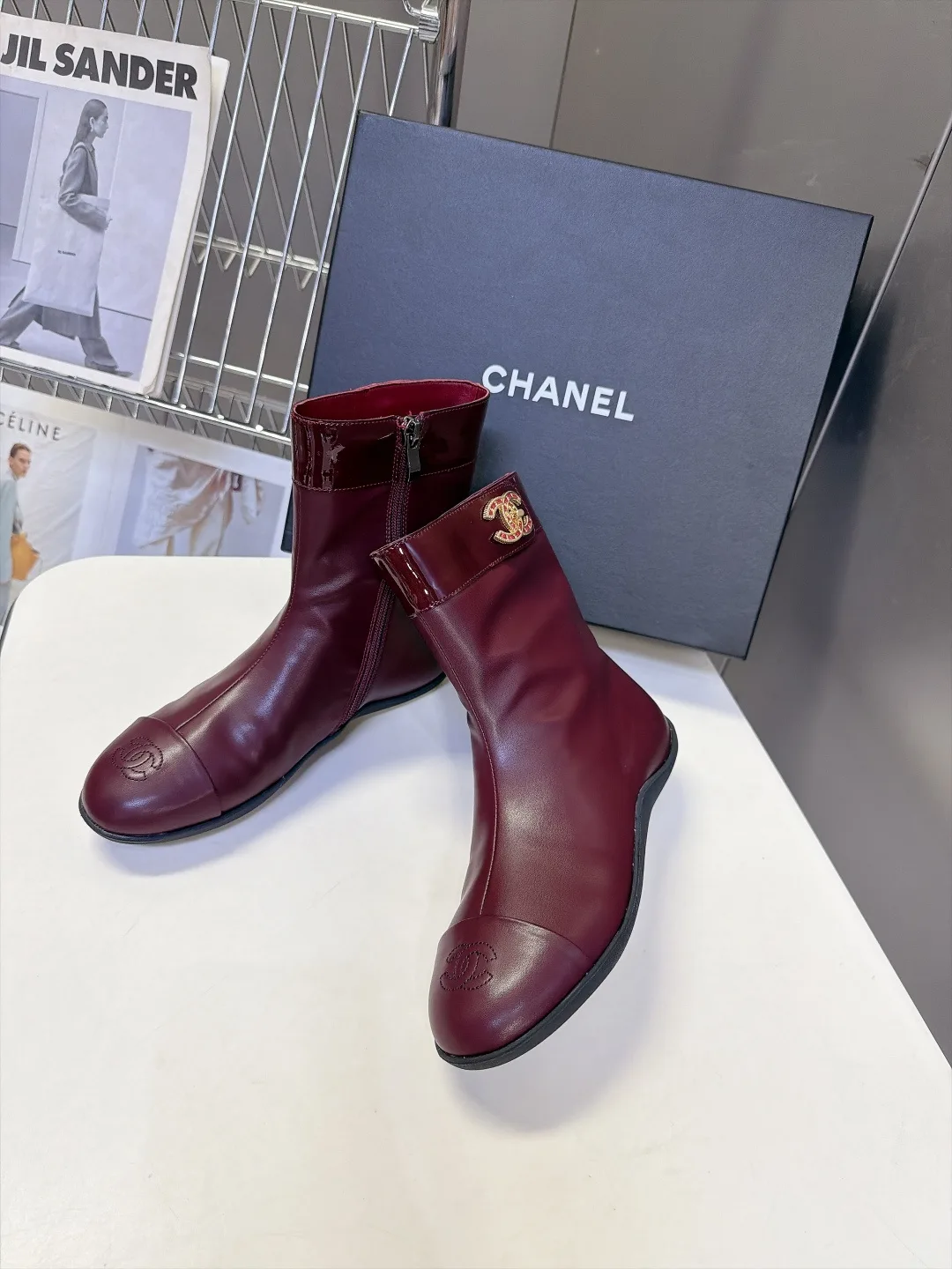 Chanel Calfskin Glossy Ankle Boots in Burgundy · view 4