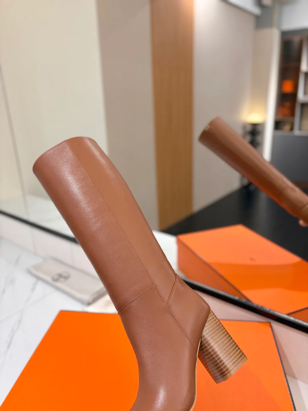 Hermes Cowhide Knee-High Boots in Brown · view 8