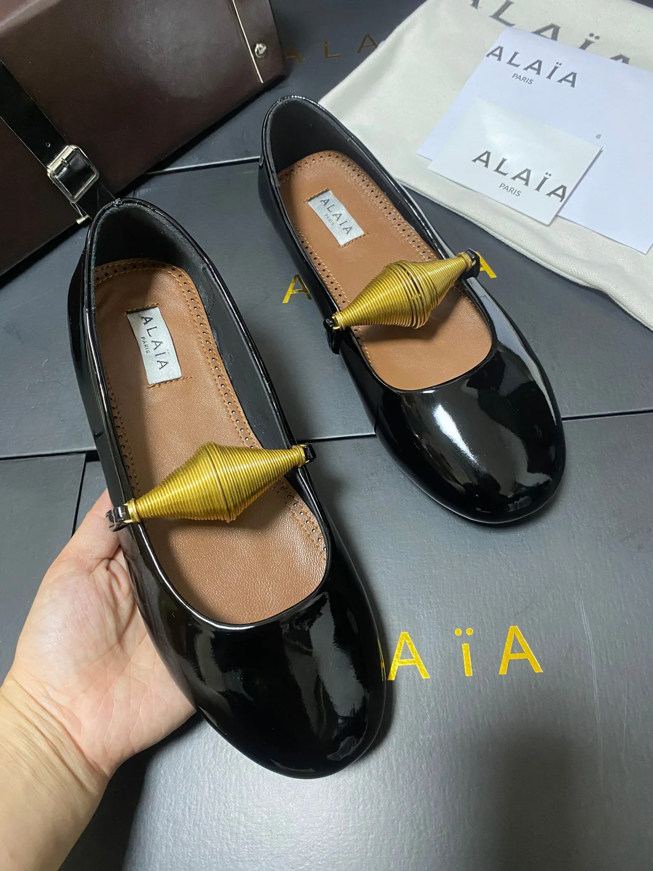Alaia Cowhide Sheepskin Glossy Square-Toe Mary Jane Flats in Black · view 6