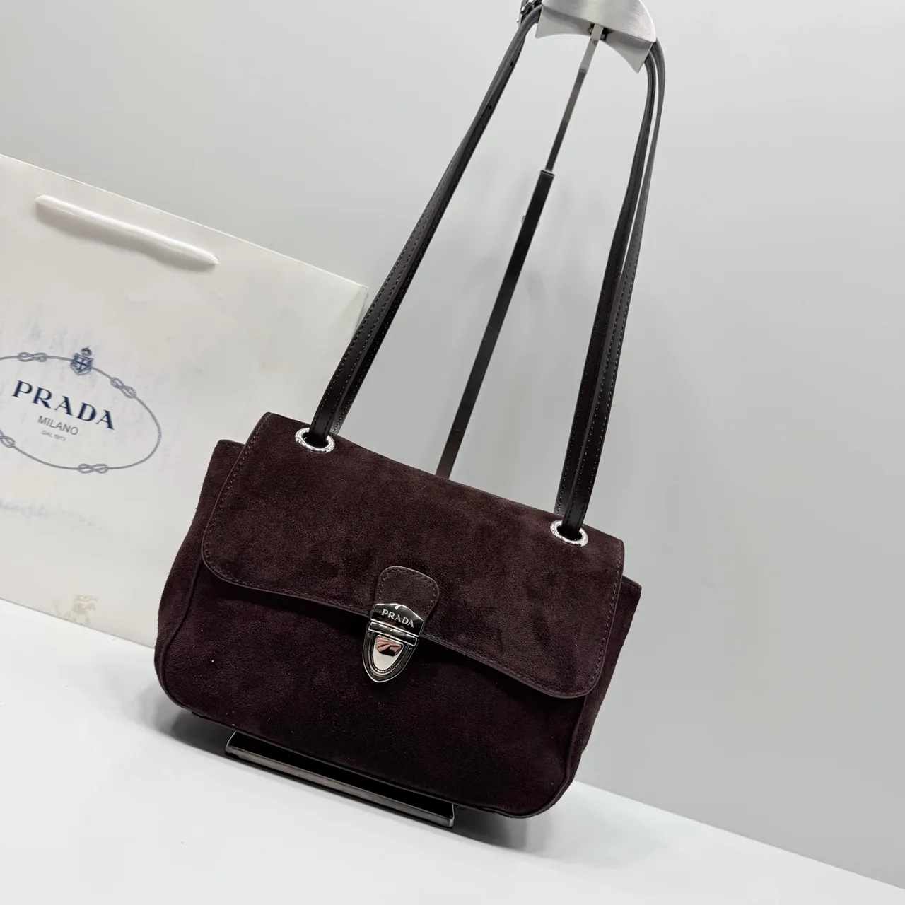 Prada Suede-Look Flap Shoulder Bag in Brown · view 2
