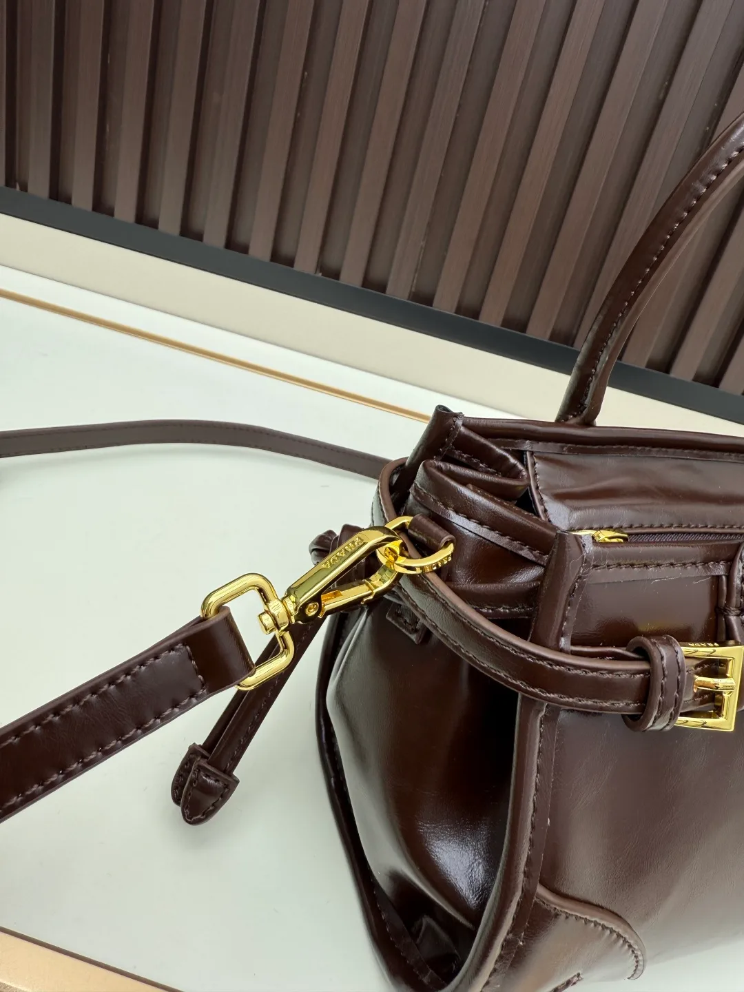 Prada Calfskin Buckle-Detail Structured Top-Handle Bag in Brown · view 5