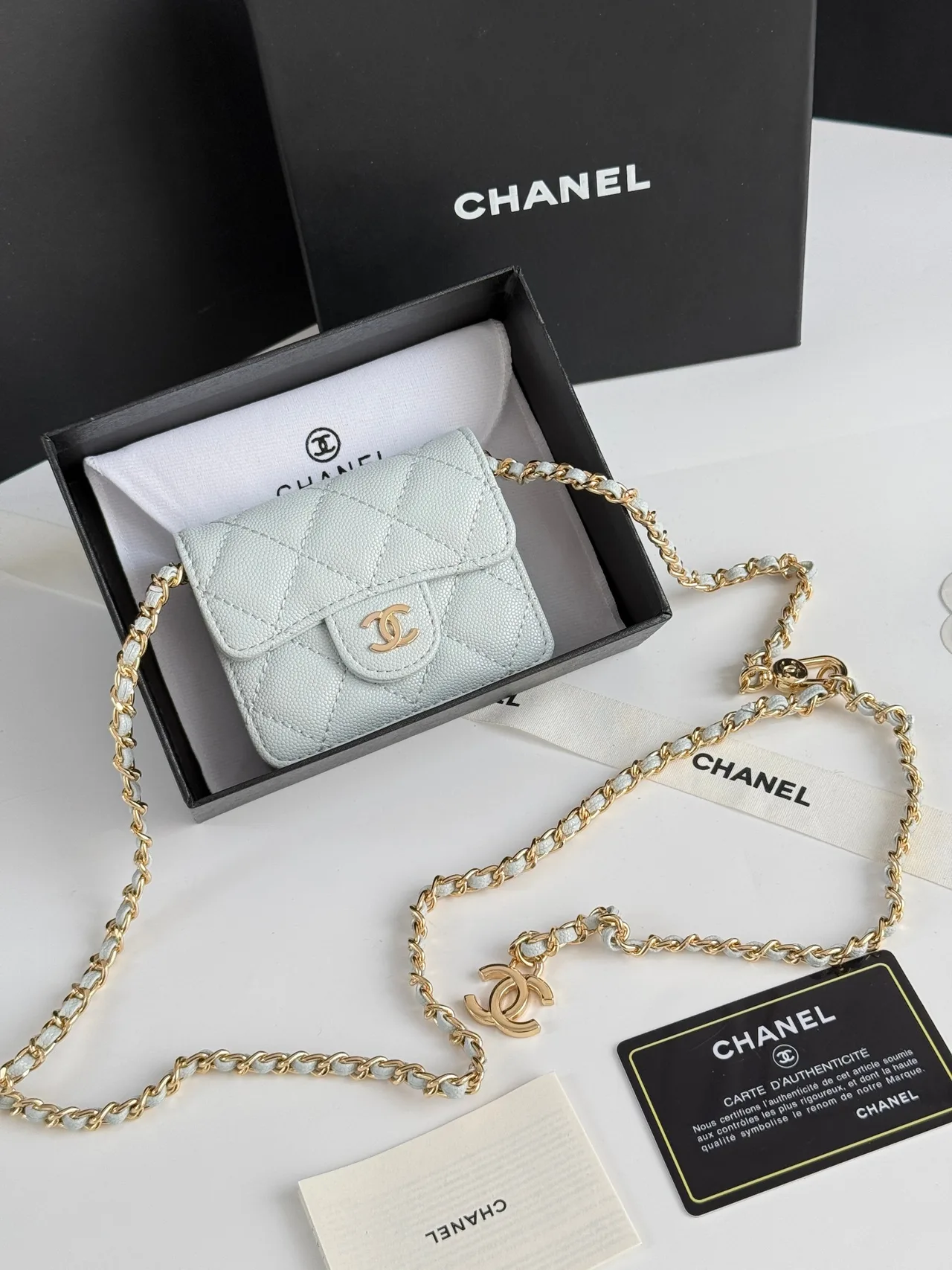 Chanel Quilted Chain Mini Wallet in Blue · view 2