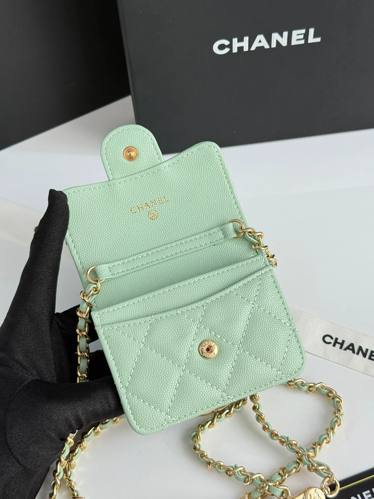 Chanel Quilted Chain Mini Wallet in Green · view 6