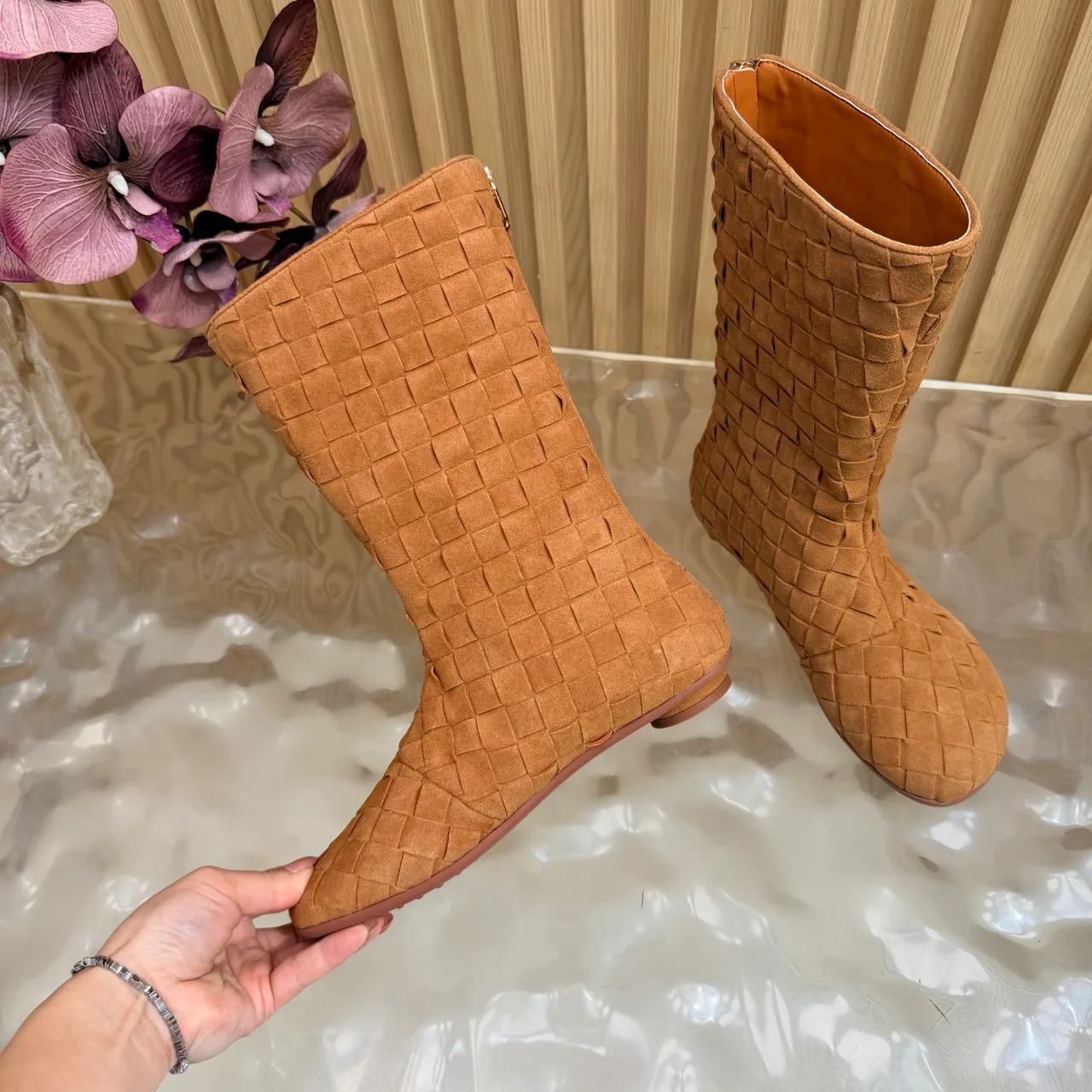 Bottega Veneta Quilted Woven Round-Toe Ankle Boots in Tan · view 8