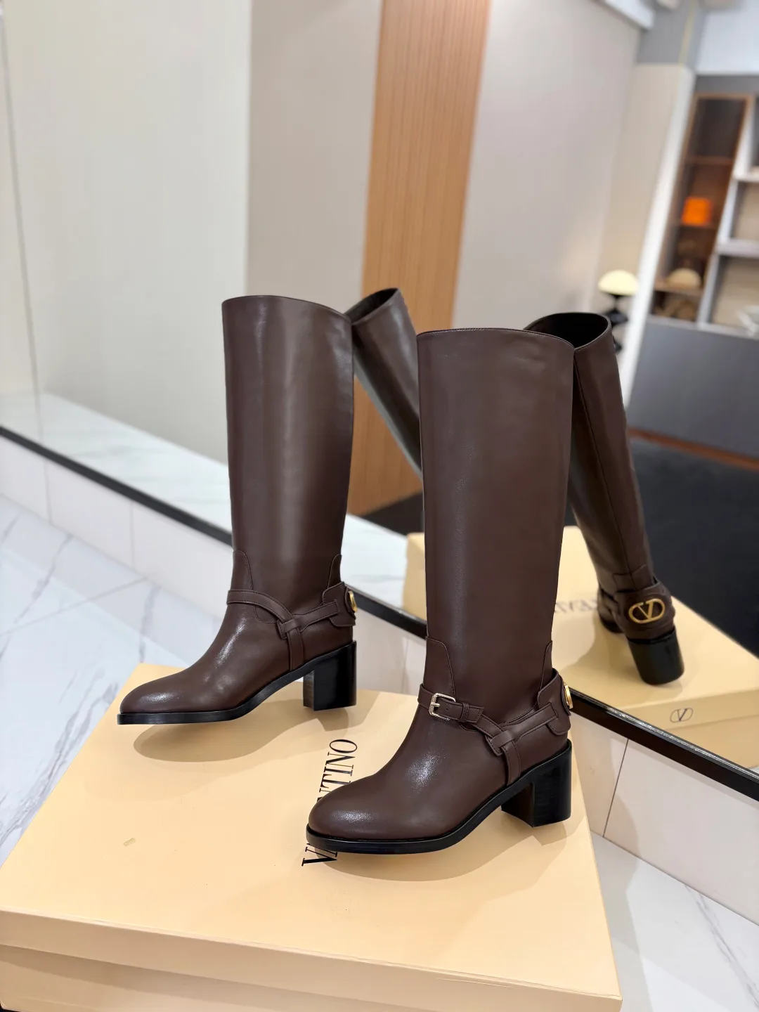 Valentino Calfskin VLOGO Knee-High Boots in Brown · view 5