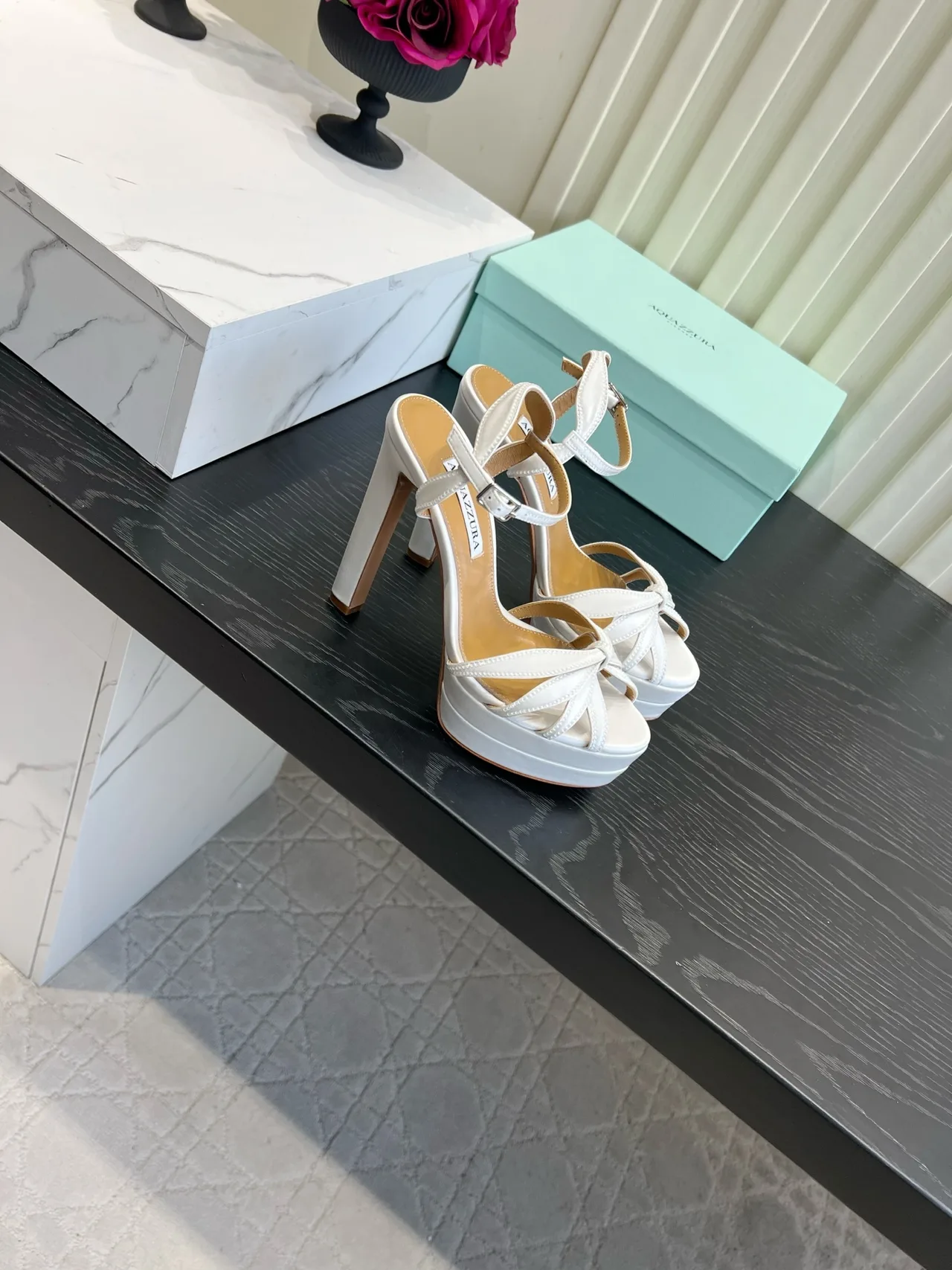 Aquazzura Silk Platform Heeled Sandals in White · view 3