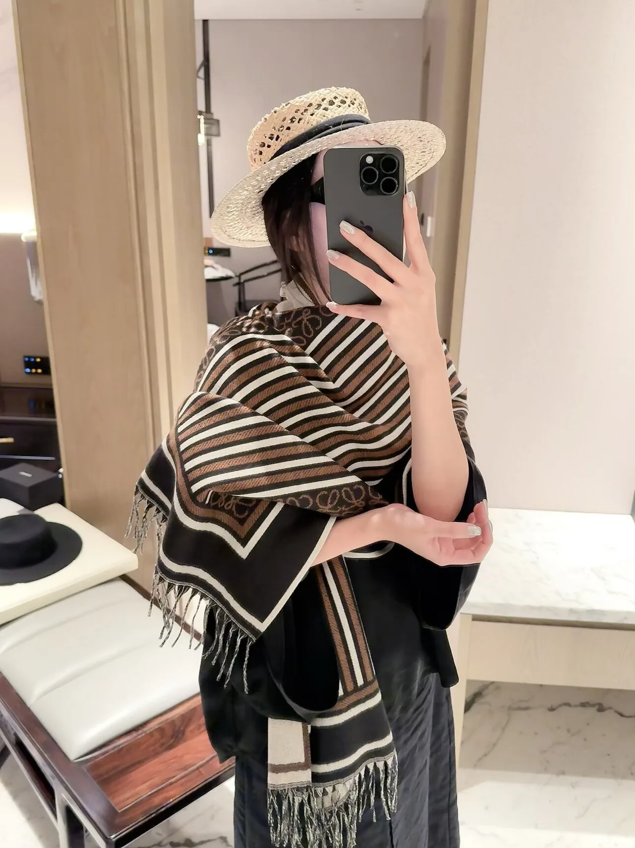 Loewe Striped Anagram fringed scarf in Pink & Brown · view 5
