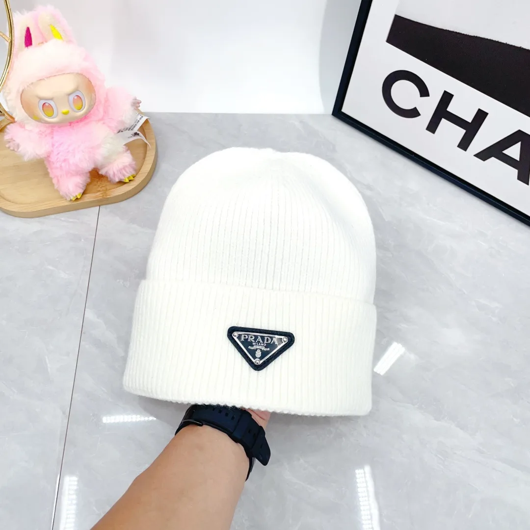 Prada Wool Triangle Logo Knit Beanie in White · view 1