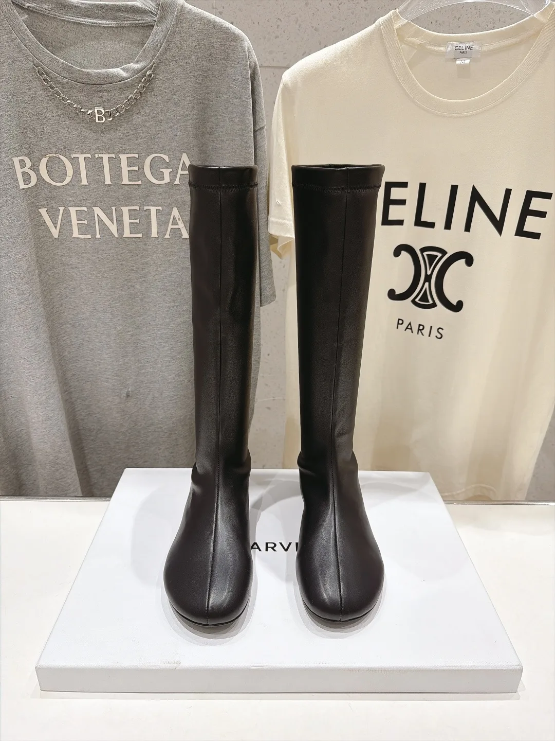 Silk Glossy Round-Toe Minimal Knee-High Boots in Black · view 1