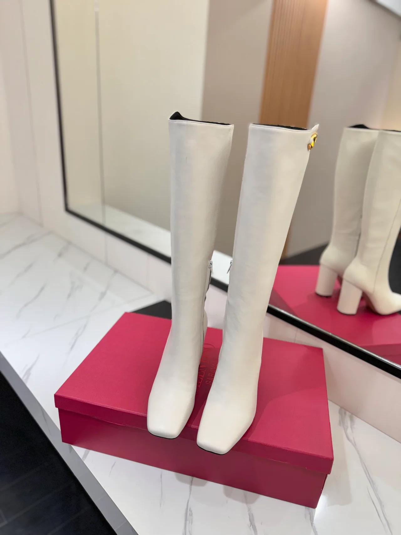 Valentino Cowhide Glossy Pointed-Toe Knee-High Boots in White · view 3